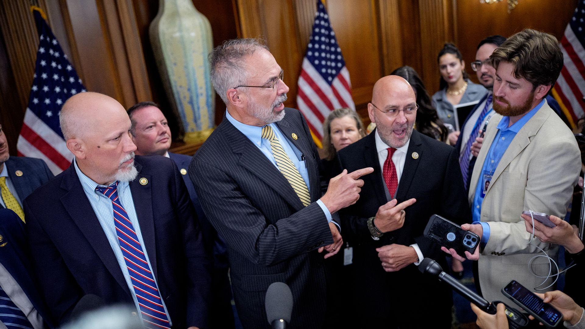 House Freedom Caucus chair Rep. Andy Harris (R-MD) (C), Rep. Chip Roy (R-TX), and Rep. Eric Burlison (R-MO) at the U.S. Capitol Building on May 2. Photo by Andrew Harnik/Getty Images