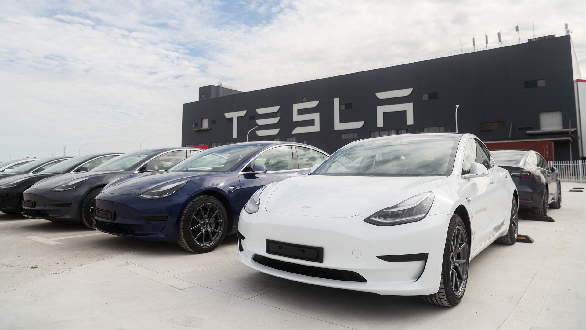 Photo taken on Oct. 26, 2020 shows the Tesla China-made Model 3 vehicles at its gigafactory in Shanghai, east China. 
