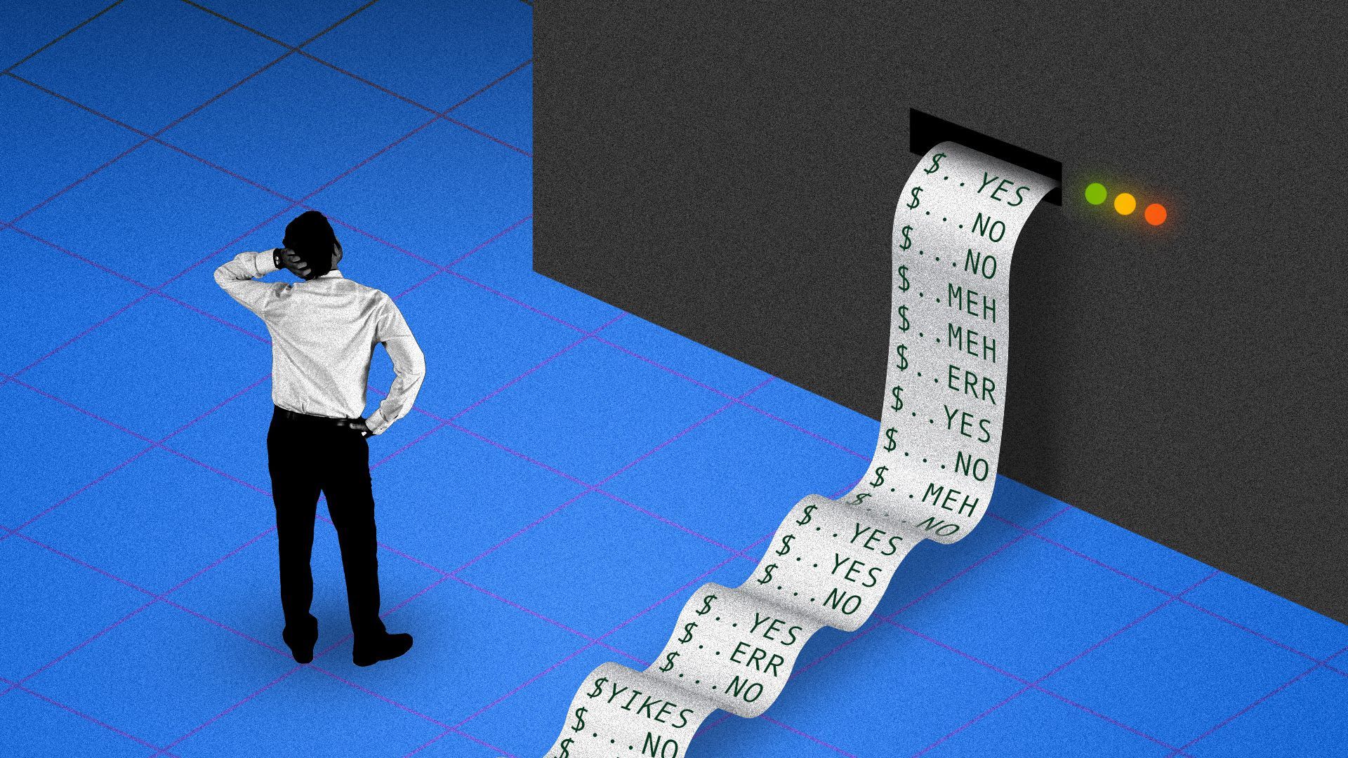 An illustration of "The Machine" that spits out signal-like outputs, such as "$...MEH," "$YIKES," or "$...YES"