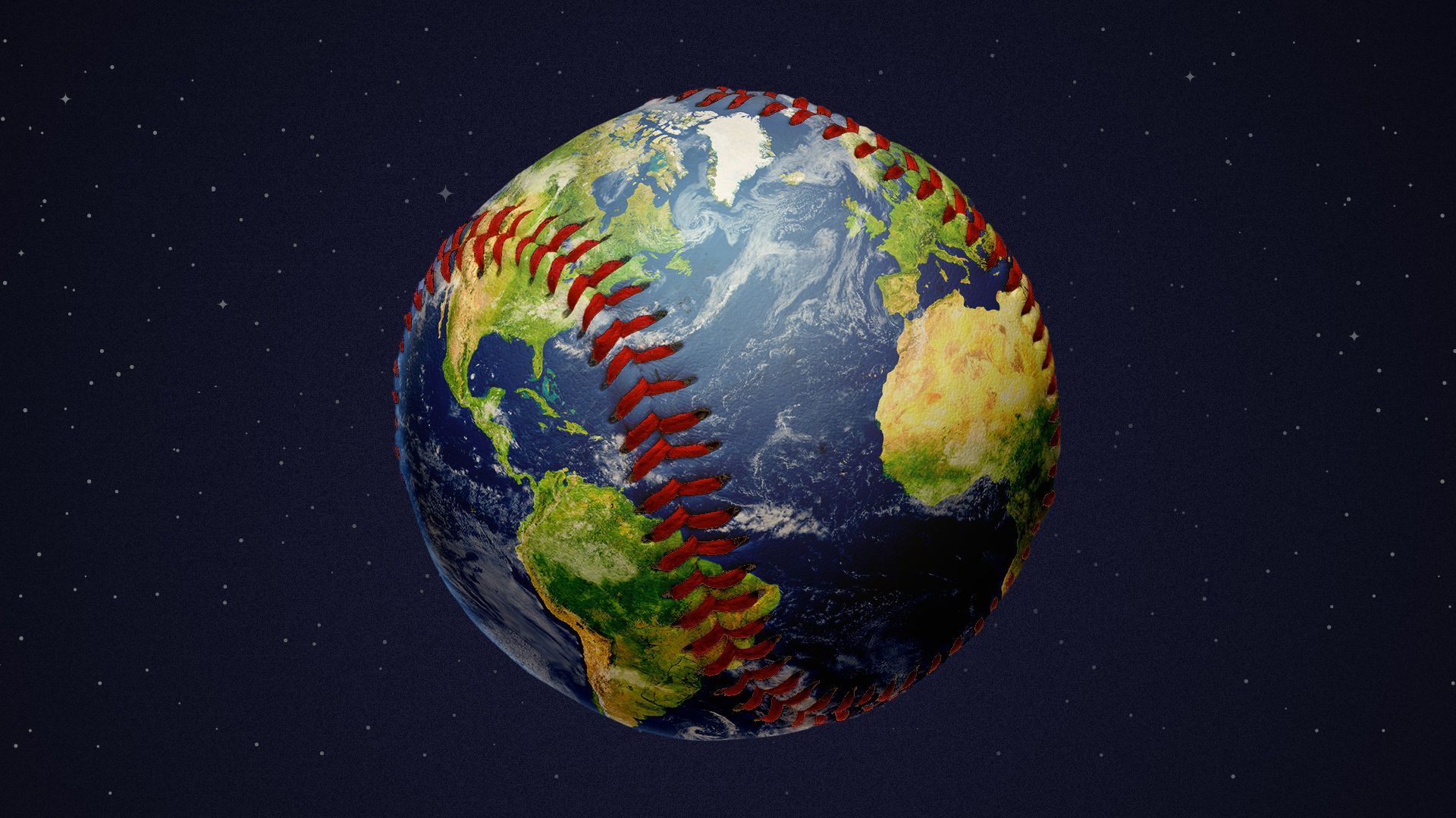 Illustration of a baseball stylized as the Earth floating in space.  
