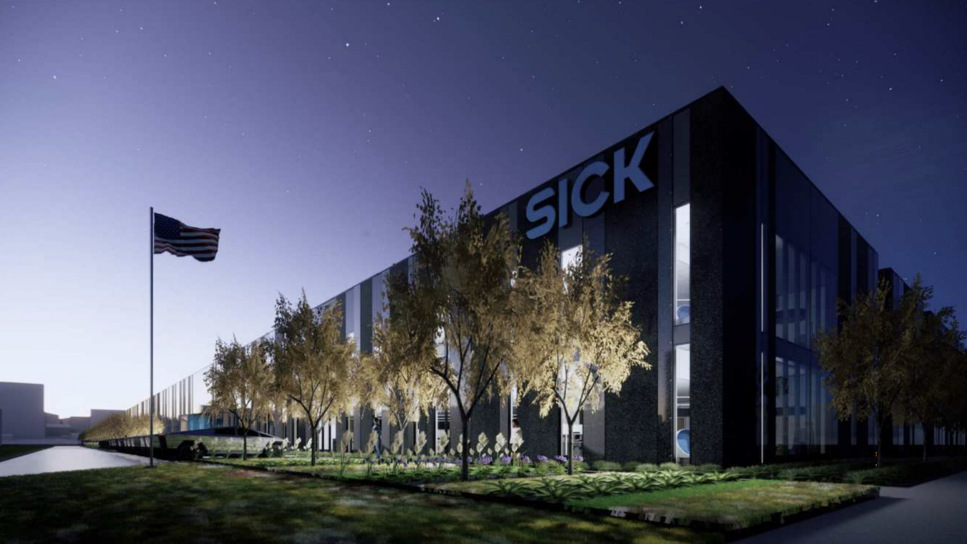 A rendering of an industrial building at night with a blue SICK sign. 