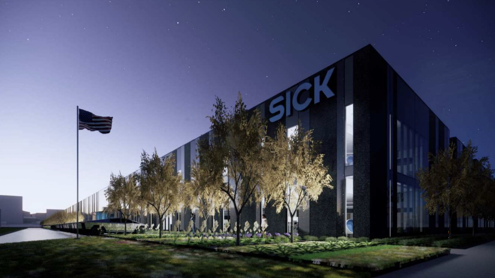 A rendering of an industrial building at night with a blue SICK sign.