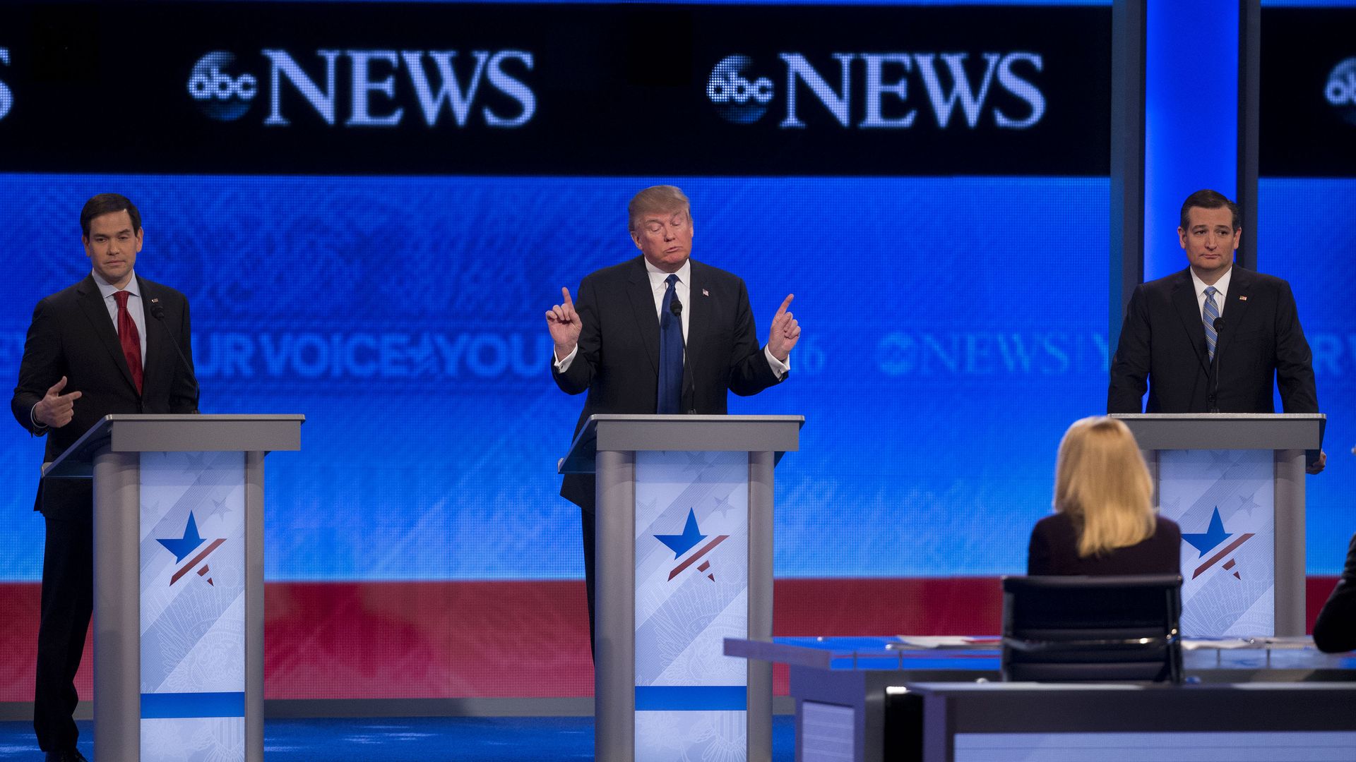 Donald Trump stands at a podium and points up, with the ABC News logo above him. 
