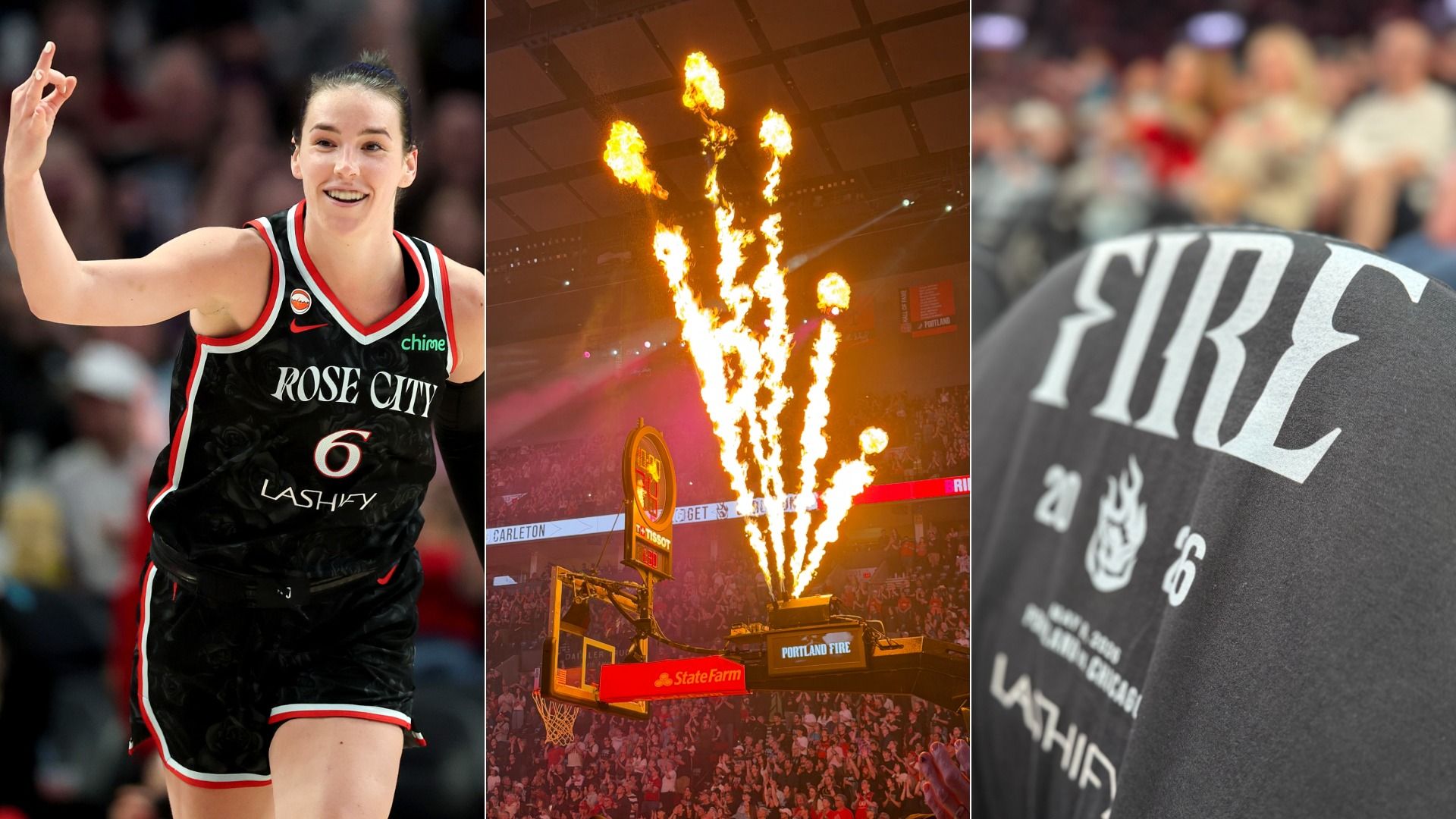 Left: smiling basketball player in a Rose City jersey celebrates; middle: flames erupt near a basketball hoop in a stadium; right: close-up of a curved gray banner with large white letters.