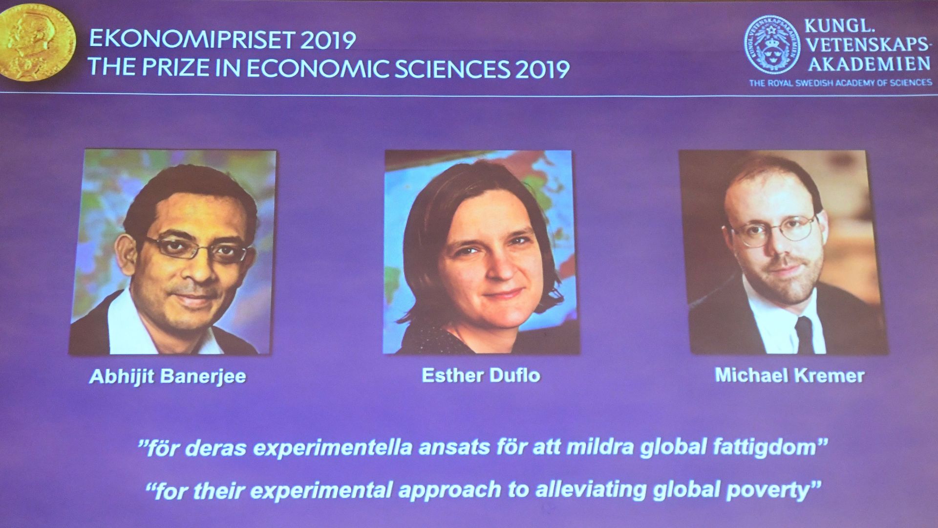 The winners of the 2019 Nobel prize in economic science.