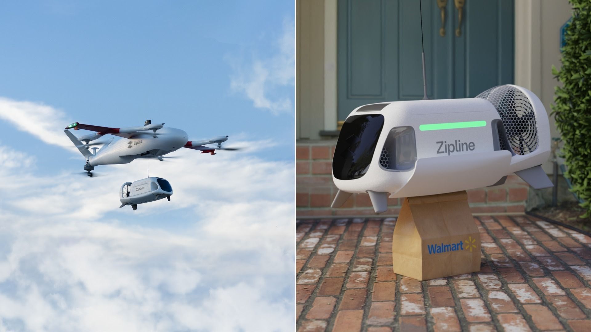 Side-by-side images of Zipline's new drone delivery system, which includes a baby drone that fits inside the belly of a mother drone. 