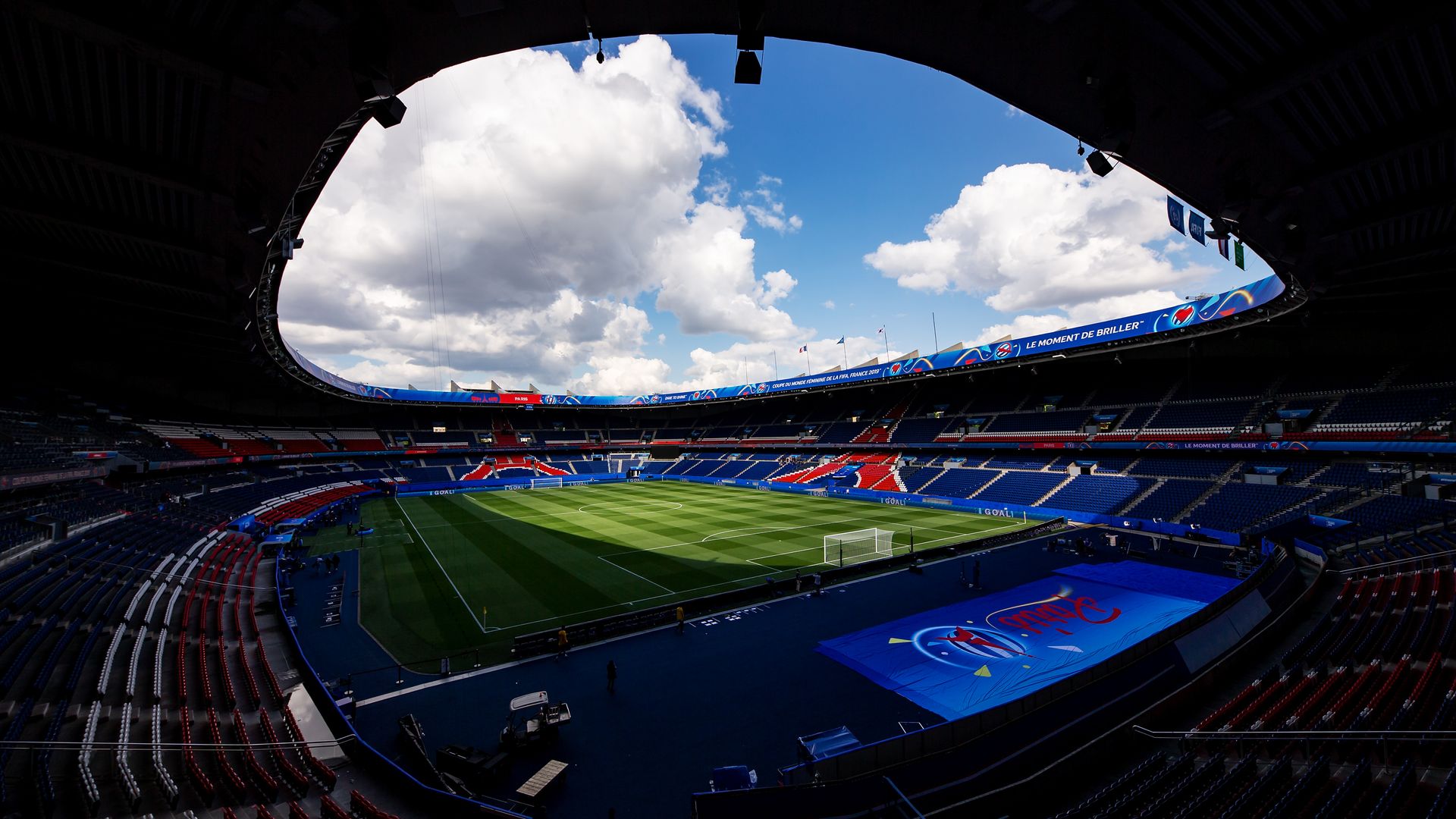 This image shows a fish-eye lens view of a large stadium that will hold the 2019 FIFA games.