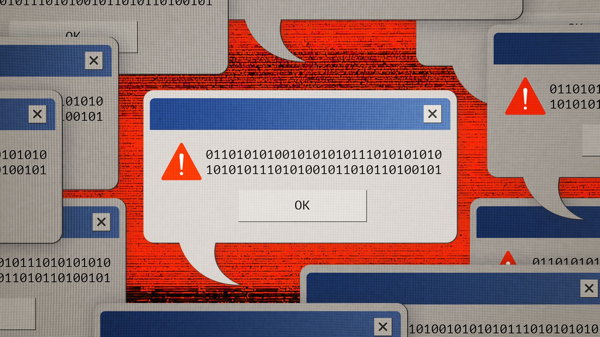 Illustration of a PC desktop filled with binary code popup windows.