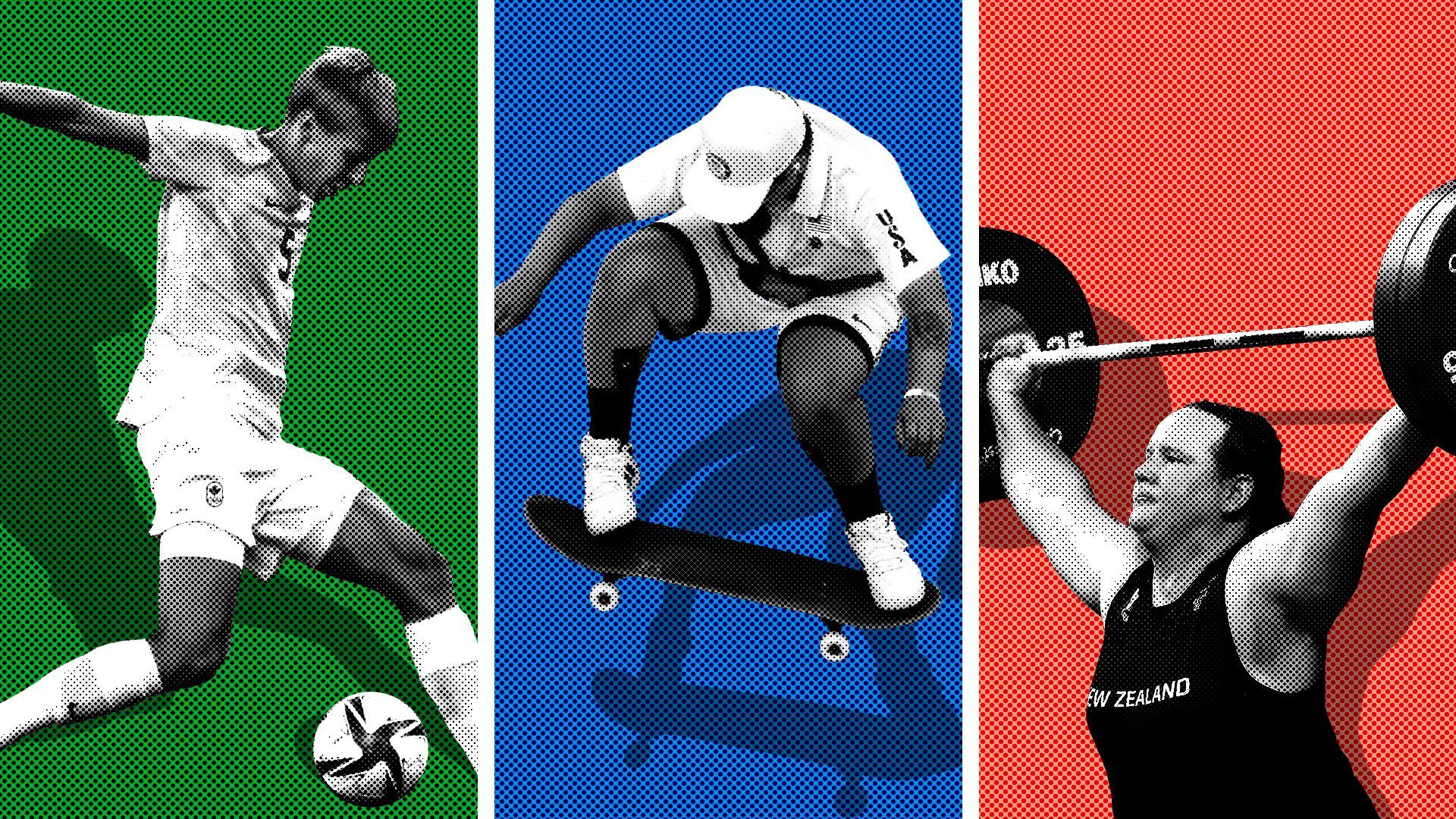 Photo illustration of Olympic athletes Quinn of Canada, Alana Smith of the United States, and Laurel Hubbard of New Zealand