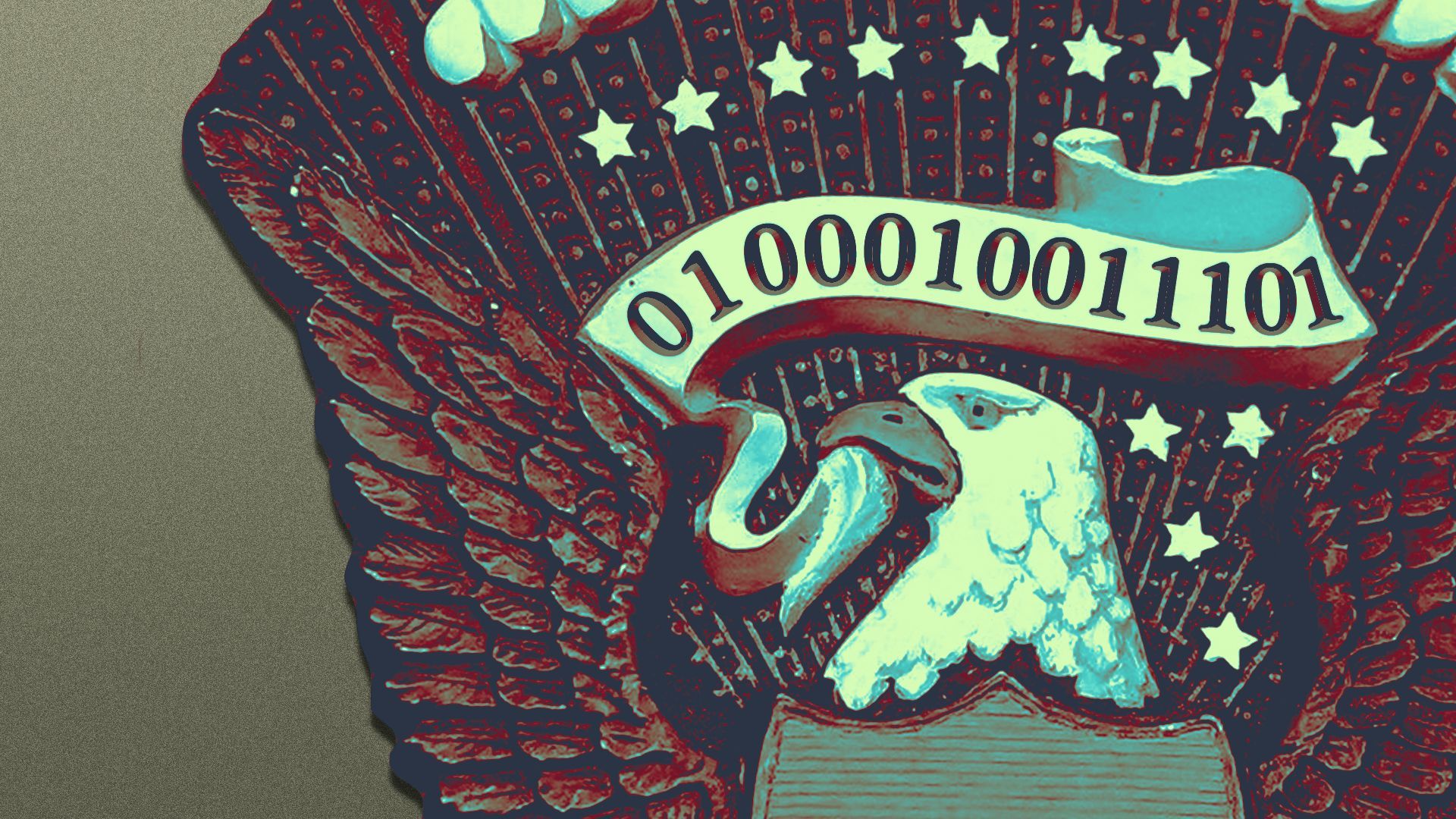 Illustration of the presidential seal with binary code on the banner in the eagle's beak.