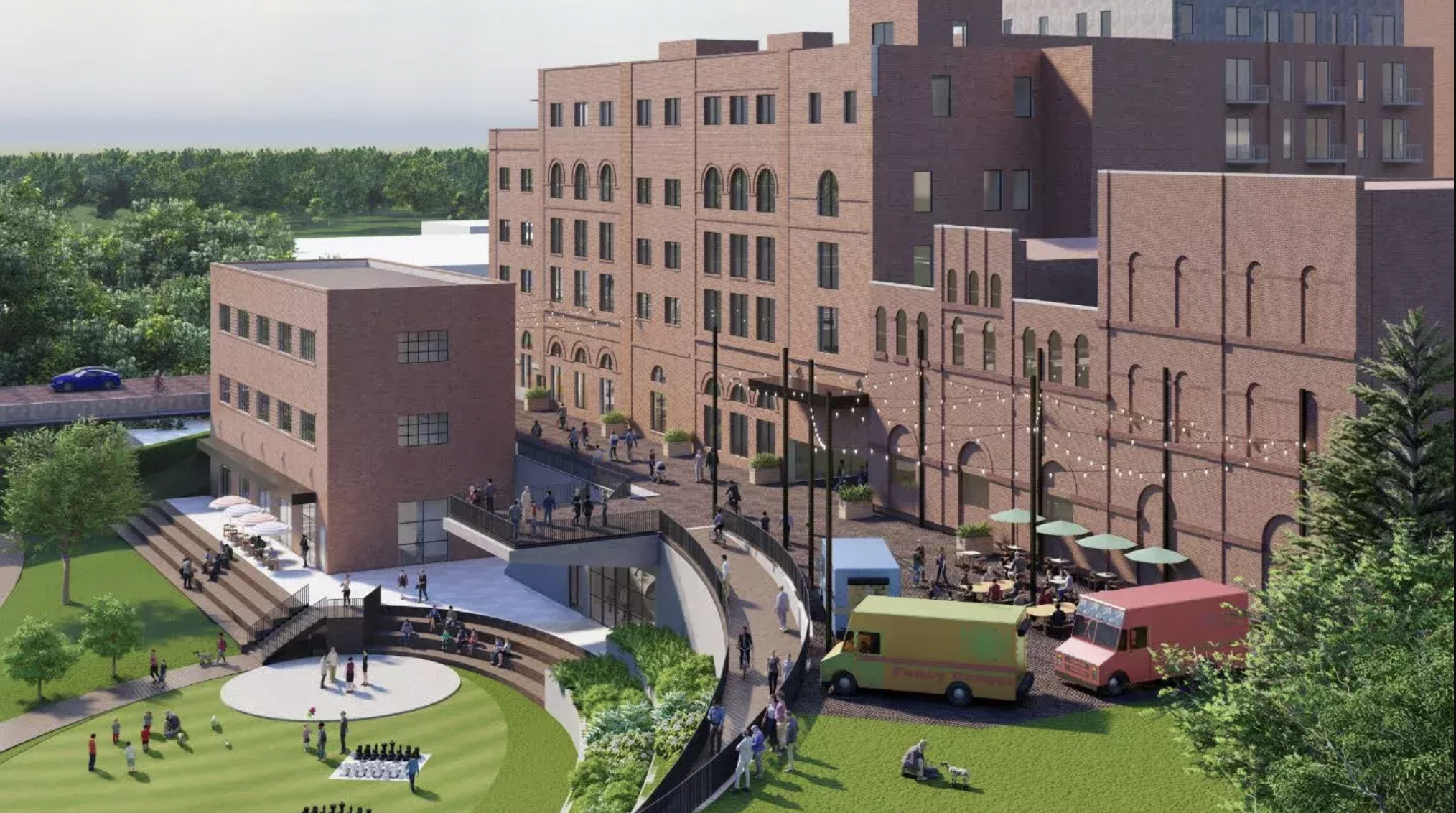 Hamm's Brewery site with food trucks and a patio