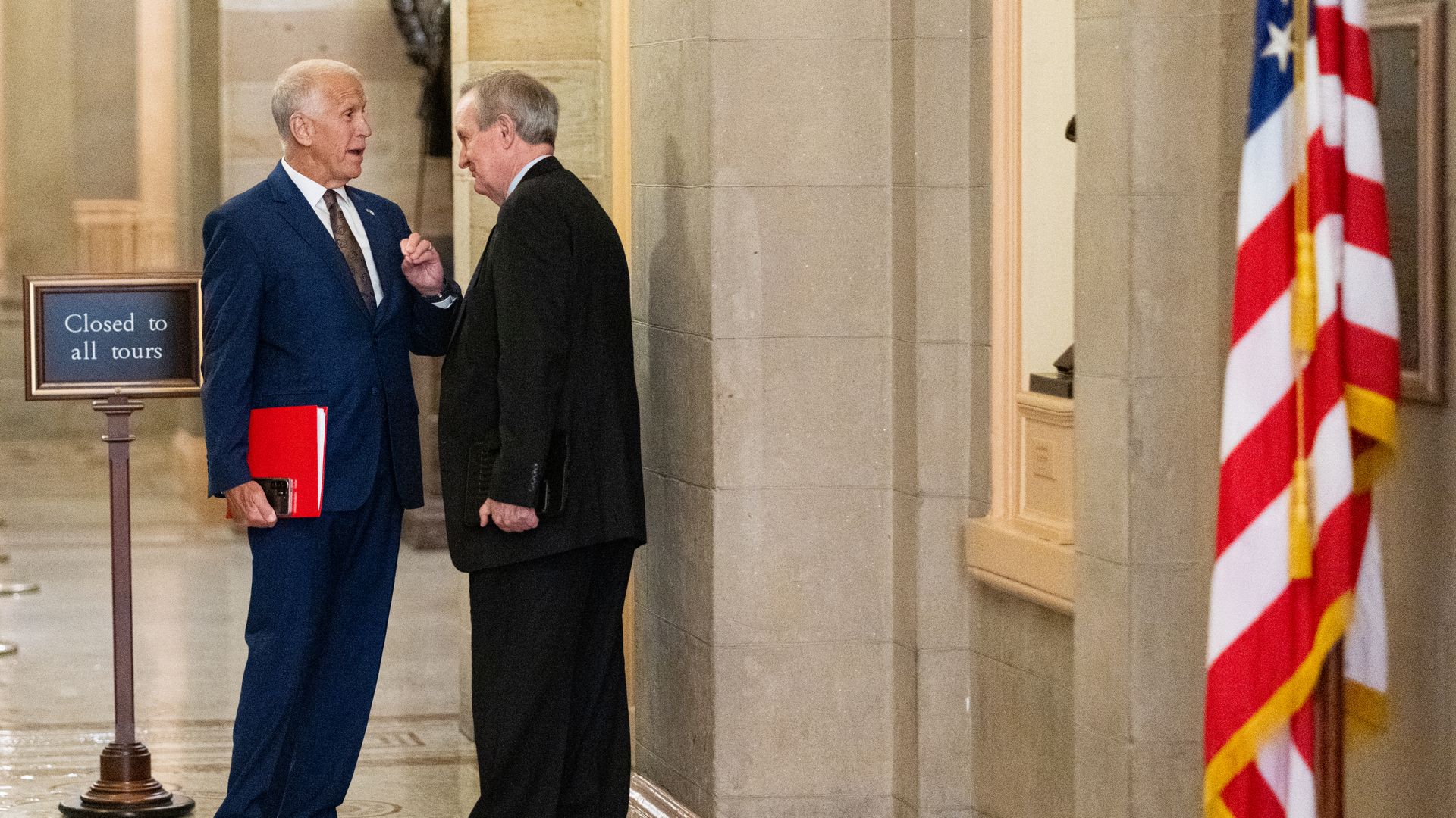 Sen. Thom Tillis, R-N.C., left, speaks with Sen. Mike Crapo, R-Idaho, outside of the Senate Republicans' lunch in the U.S. Capitol 
