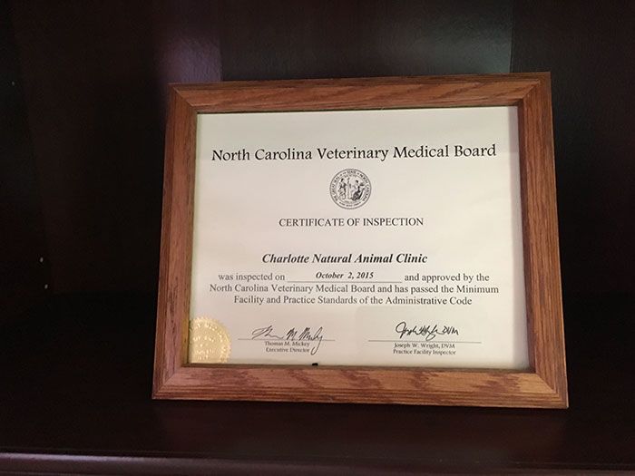 Charlotte Natural Animal Clinic certification