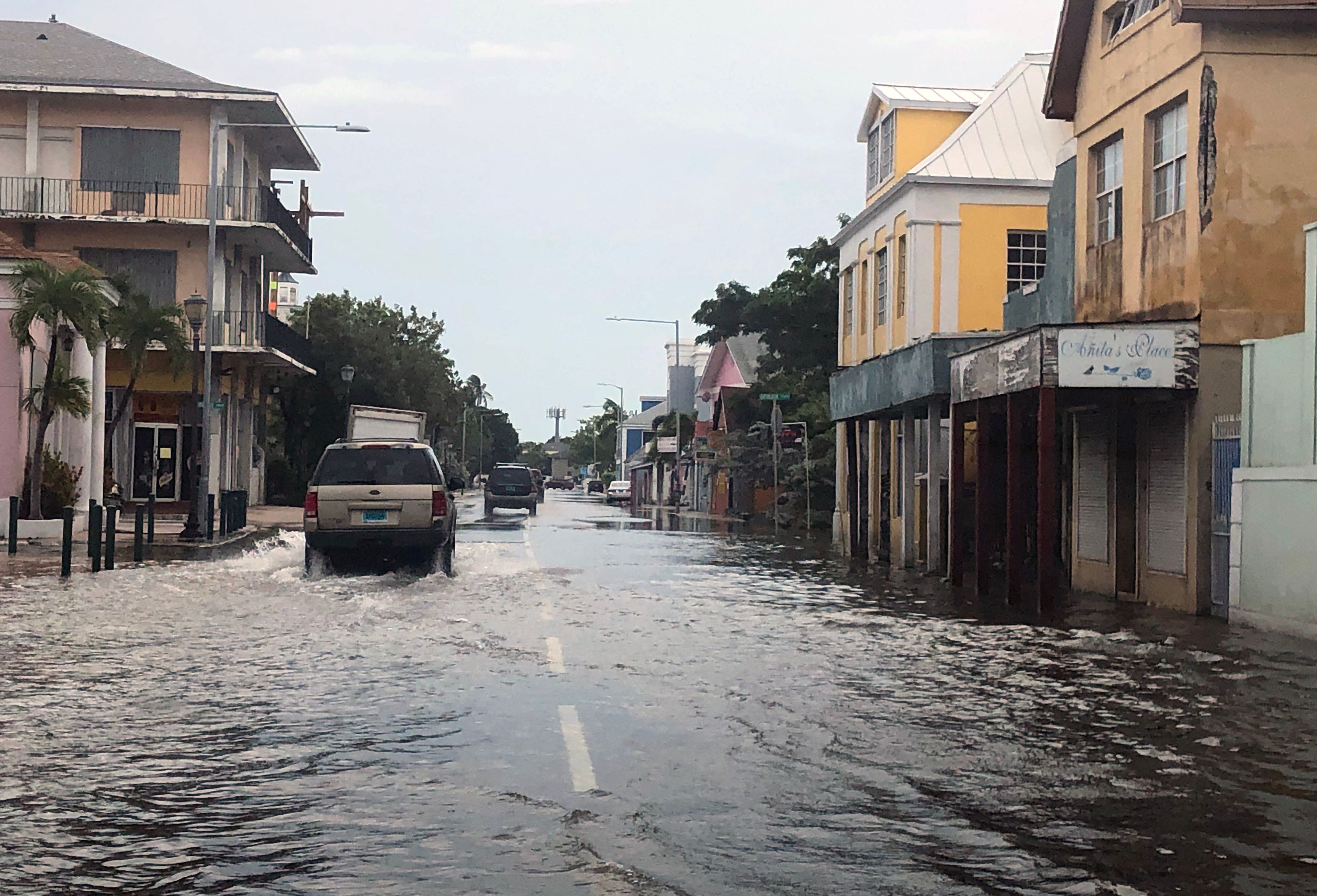 View of a flooded street in downtown Nassau on September 3