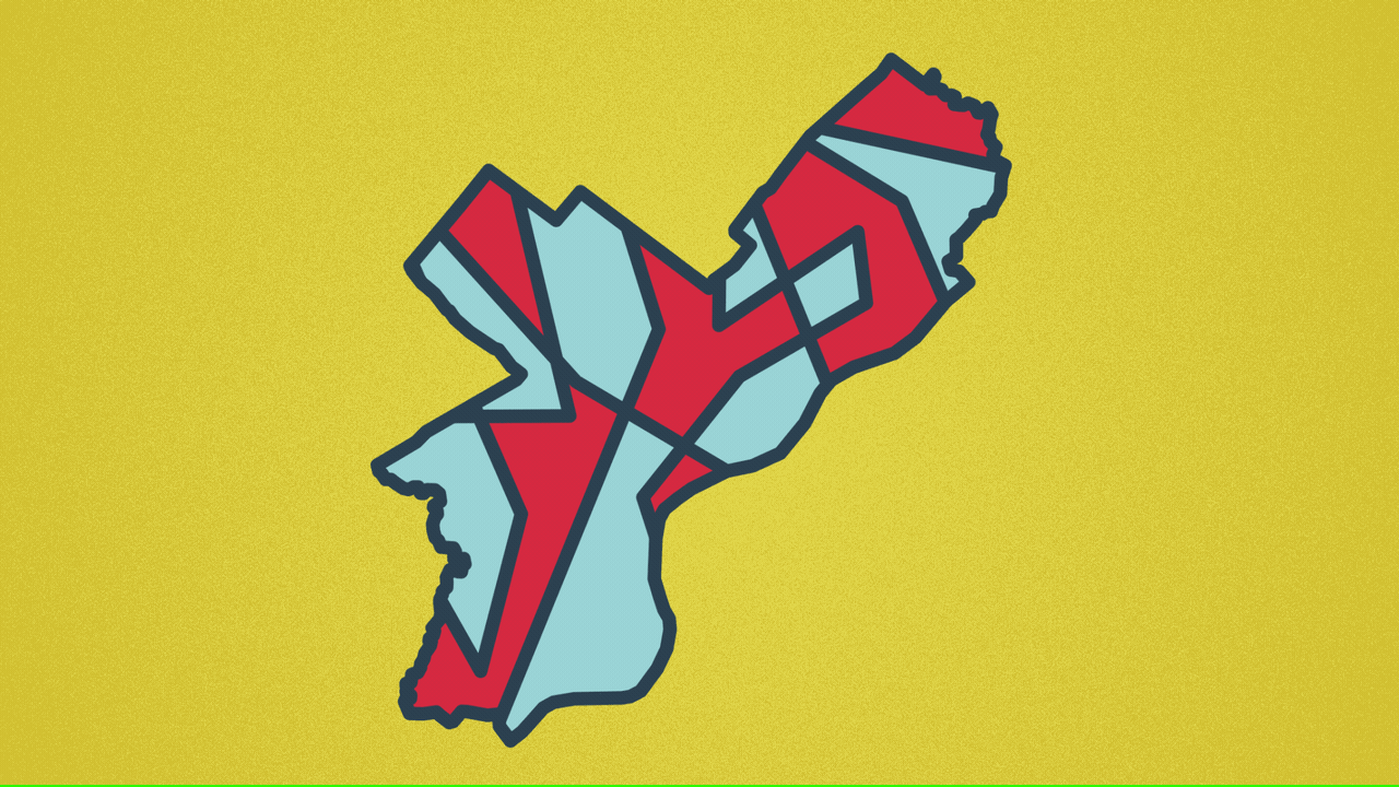 Illustration of the city of Philadelphia with moving districts inside it. 