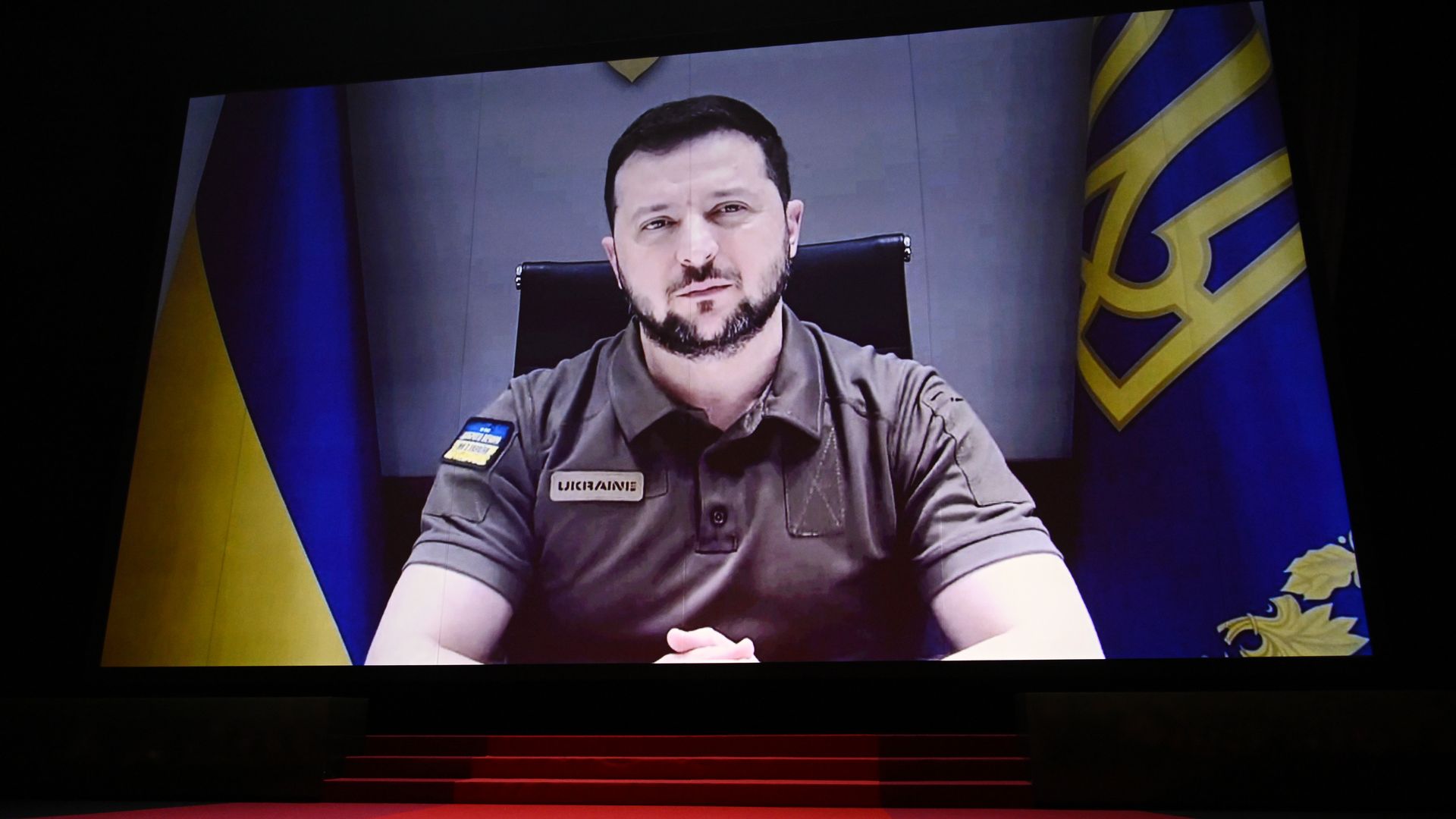 Photo of Volodymyr Zelenskyy on a screen