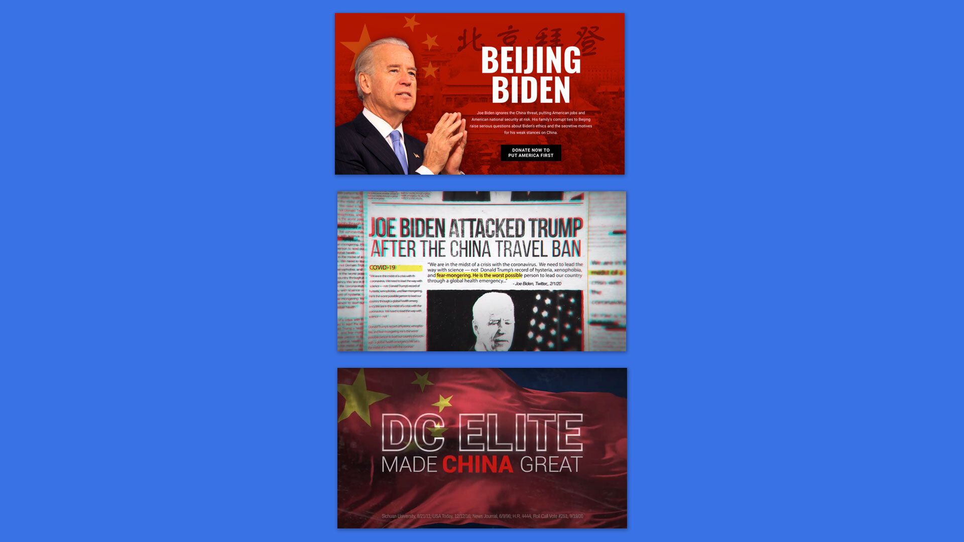 Screen grabs from America First Action's #BeijingBiden ad campaign