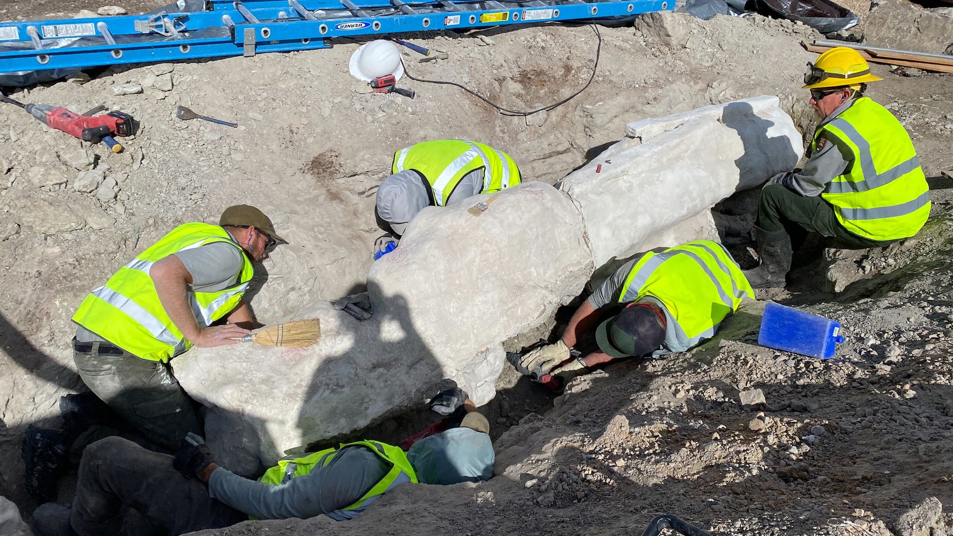Five workers in yellow safety vests and helmets excavate and clean a large buried white stone artifact in a dirt trench with tools and a blue ladder nearby.