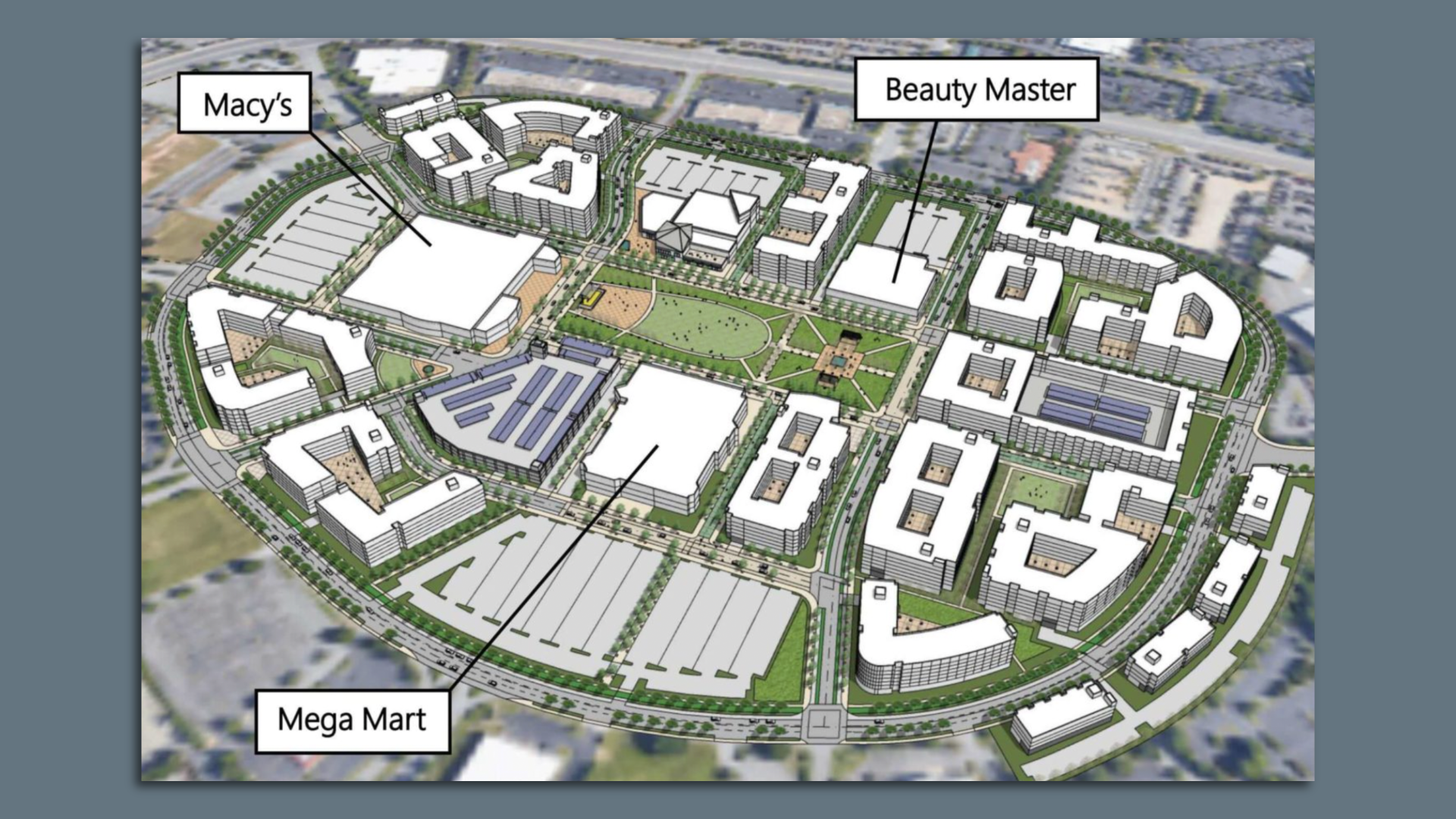 A rendering of a large mixed-use development featuring several mid-rise buildings centered on a park
