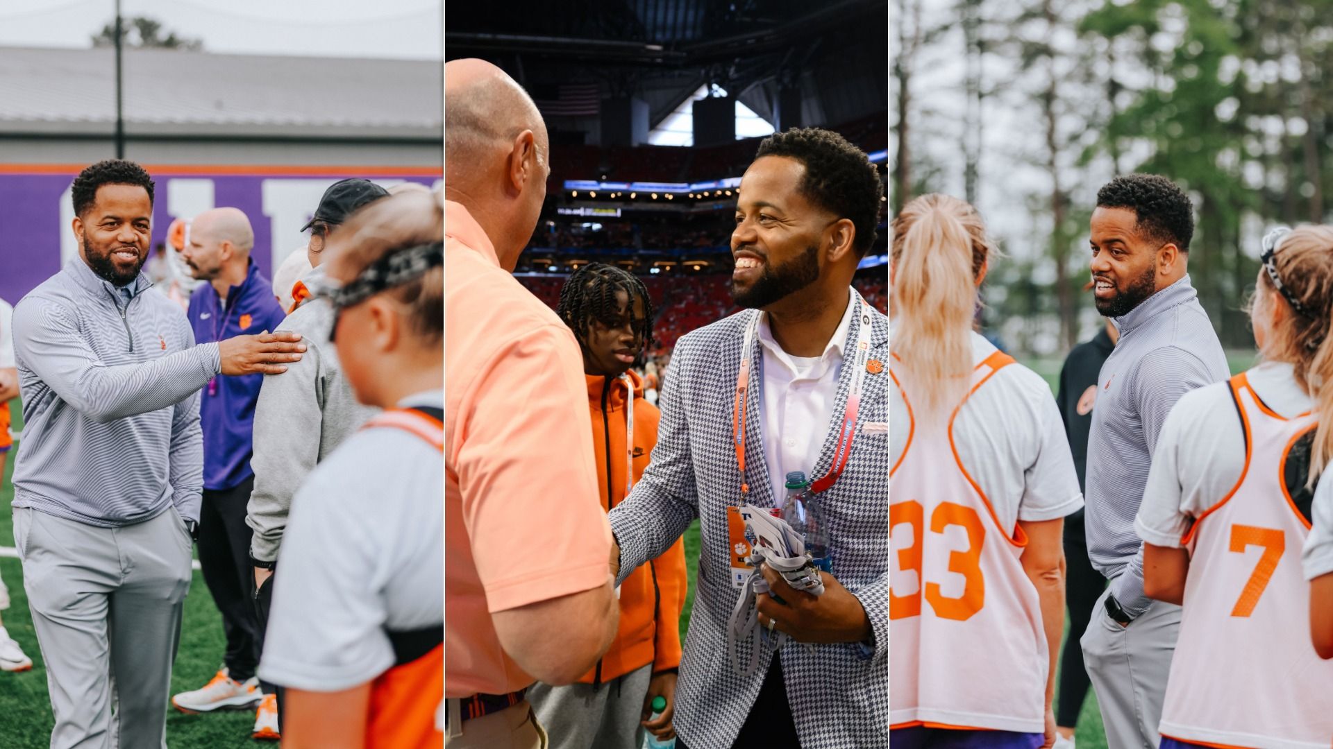 Three images of a man with a beard in a gray jacket interacting with people on a sports field; includes athletes in orange and white, and various backgrounds including stadium and trees.