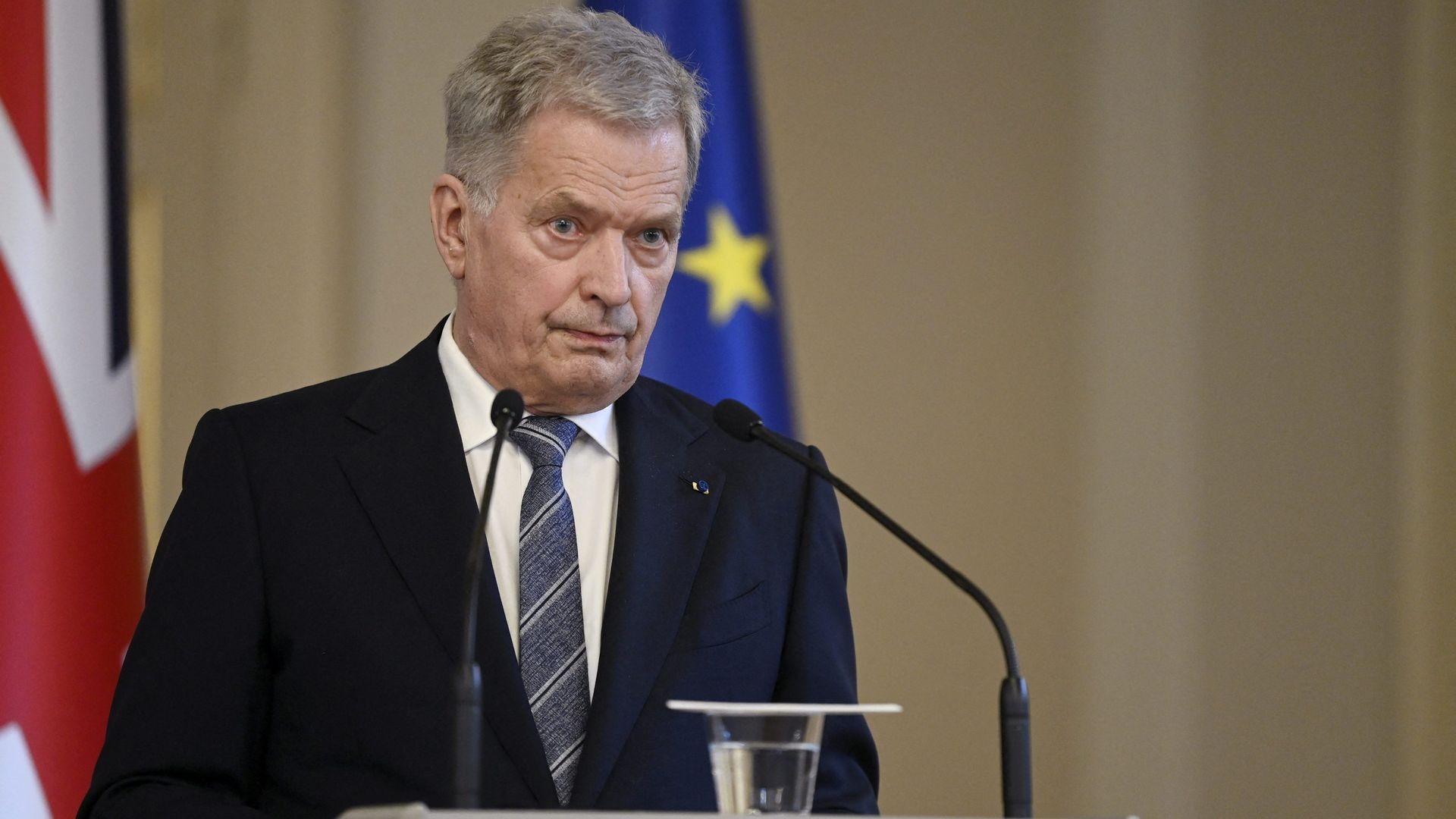 Finnish President Sauli Niinisto during a press conference in Helsinki on May 11.