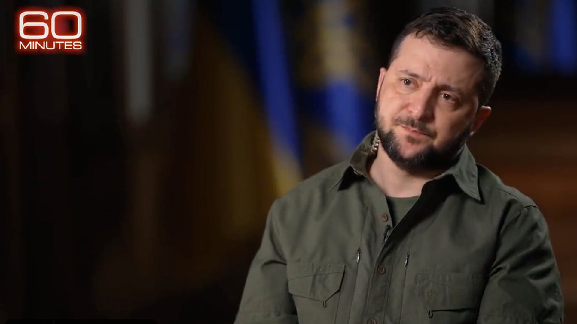 A screenshot of Ukrainian President Volodymyr Zelensky during his interview on CBS' "60 Minutes."