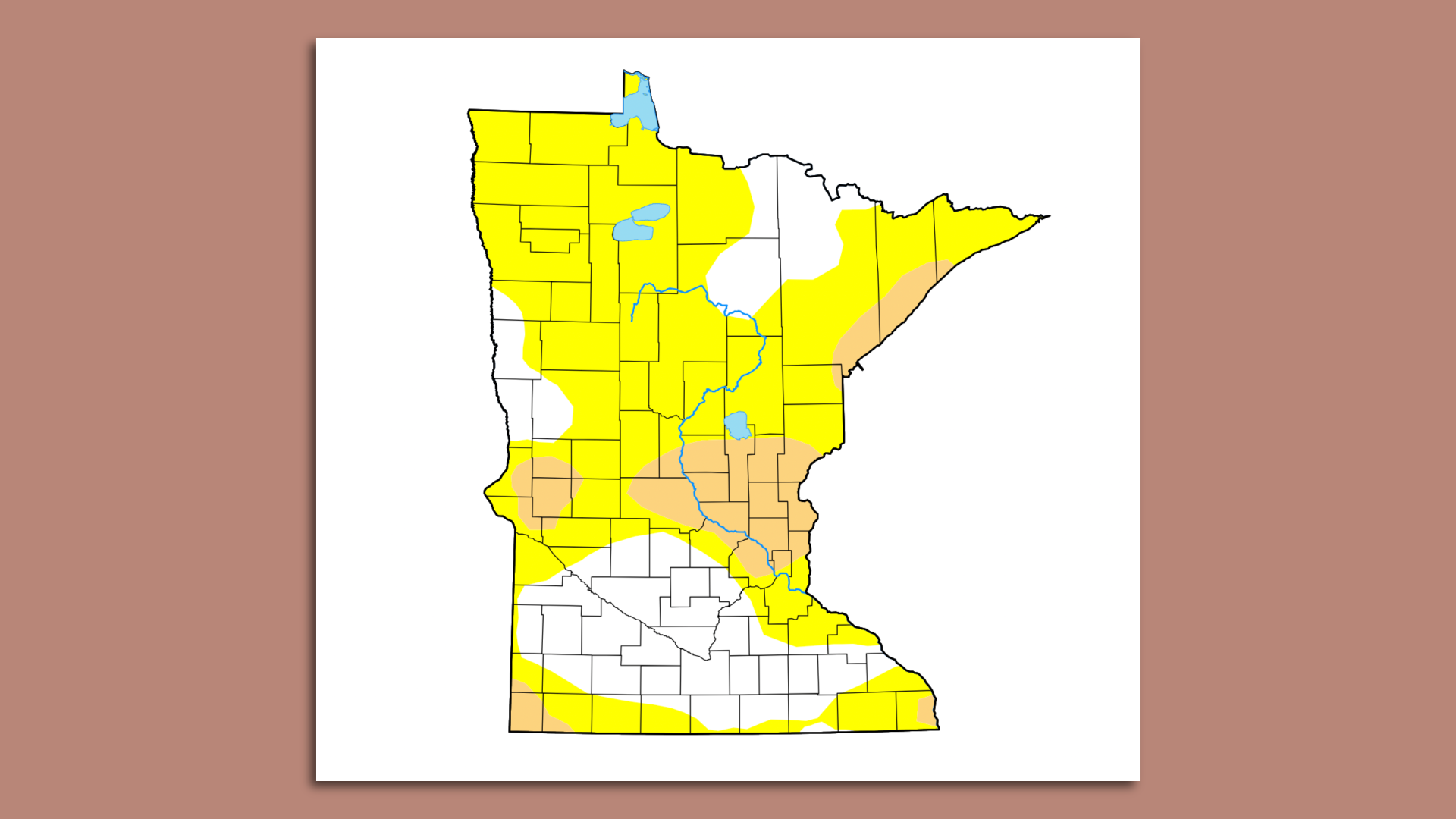 drought monitor map showing much of MN state yellow