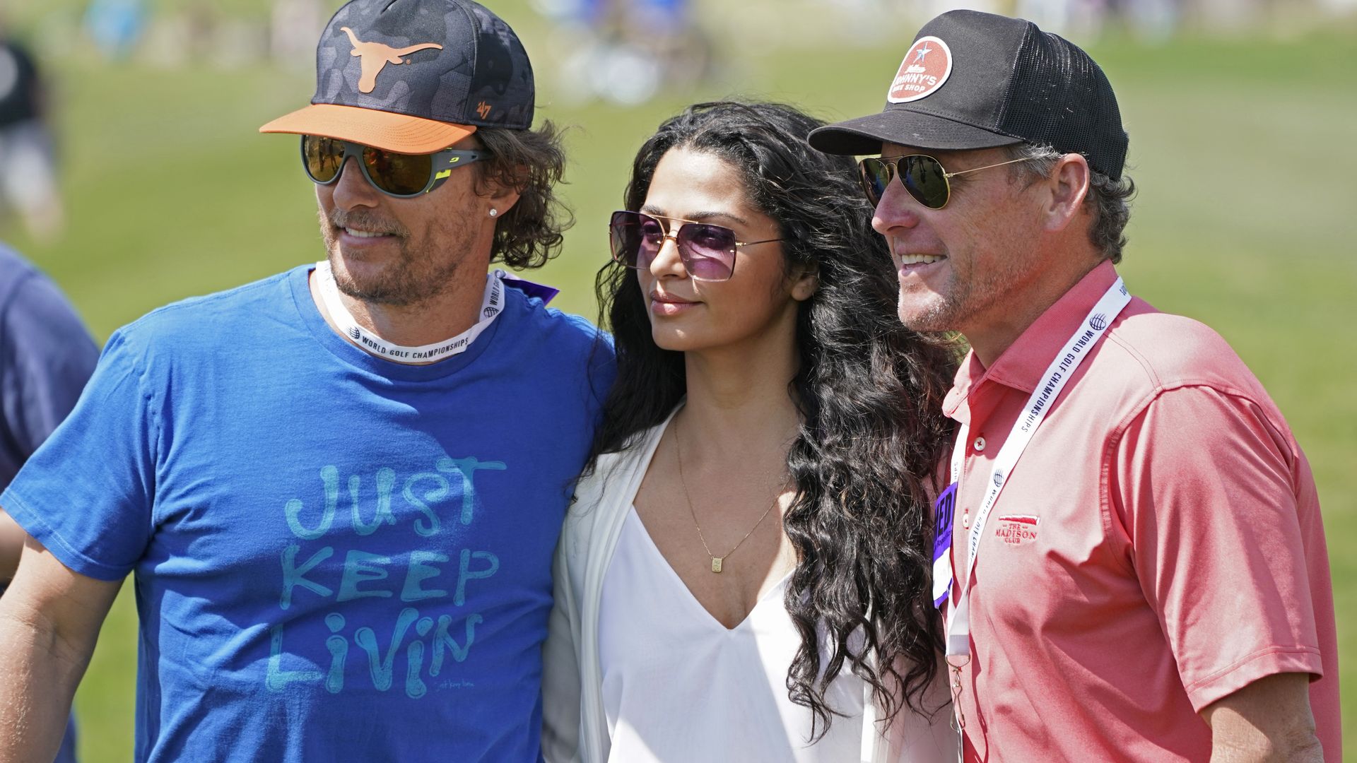 Matthew McConaughey, his wife Camila, and Lance Armstrong watch some golf during round two of the World Golf Championships in Austin in 2018.