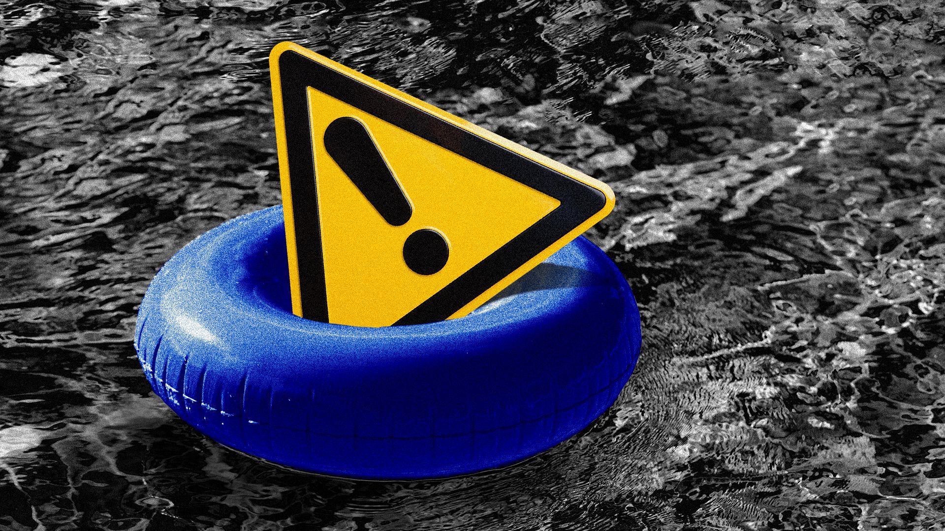 Illustration of a caution sign on an inner tube floating on the water.