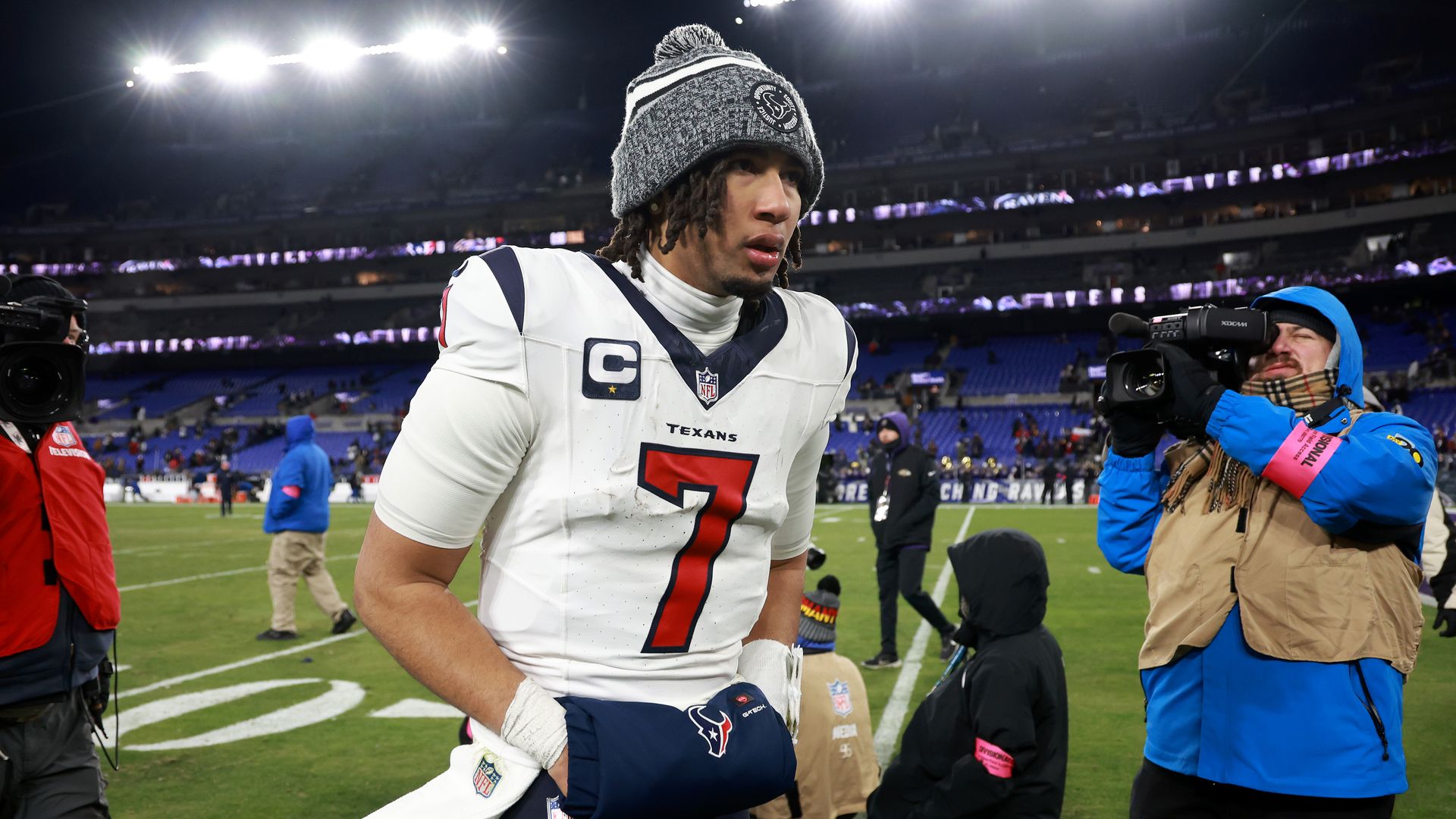 Texans quarterback C.J. Stroud leaves the field after losing to the Baltimore Ravens