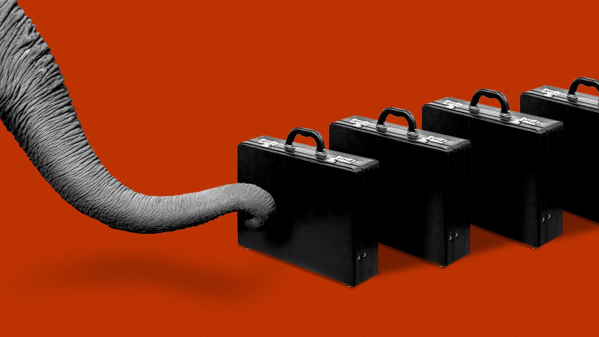 Illustration of an elephant trunk about to knock over a row of briefcases stacked like dominos.  
