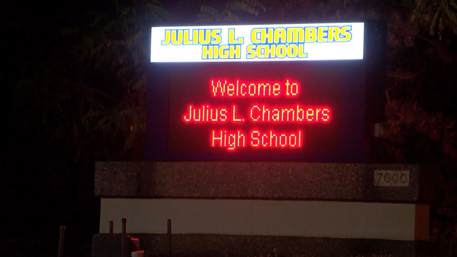 A sign for Julius Chambers High School in Charlotte North Carolina