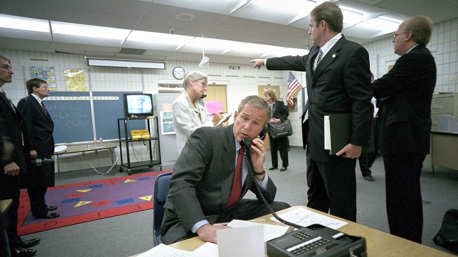 Former President George W. Bush makes a call from Emma Booker Elementary School in Sarasota on September 11, 2001.