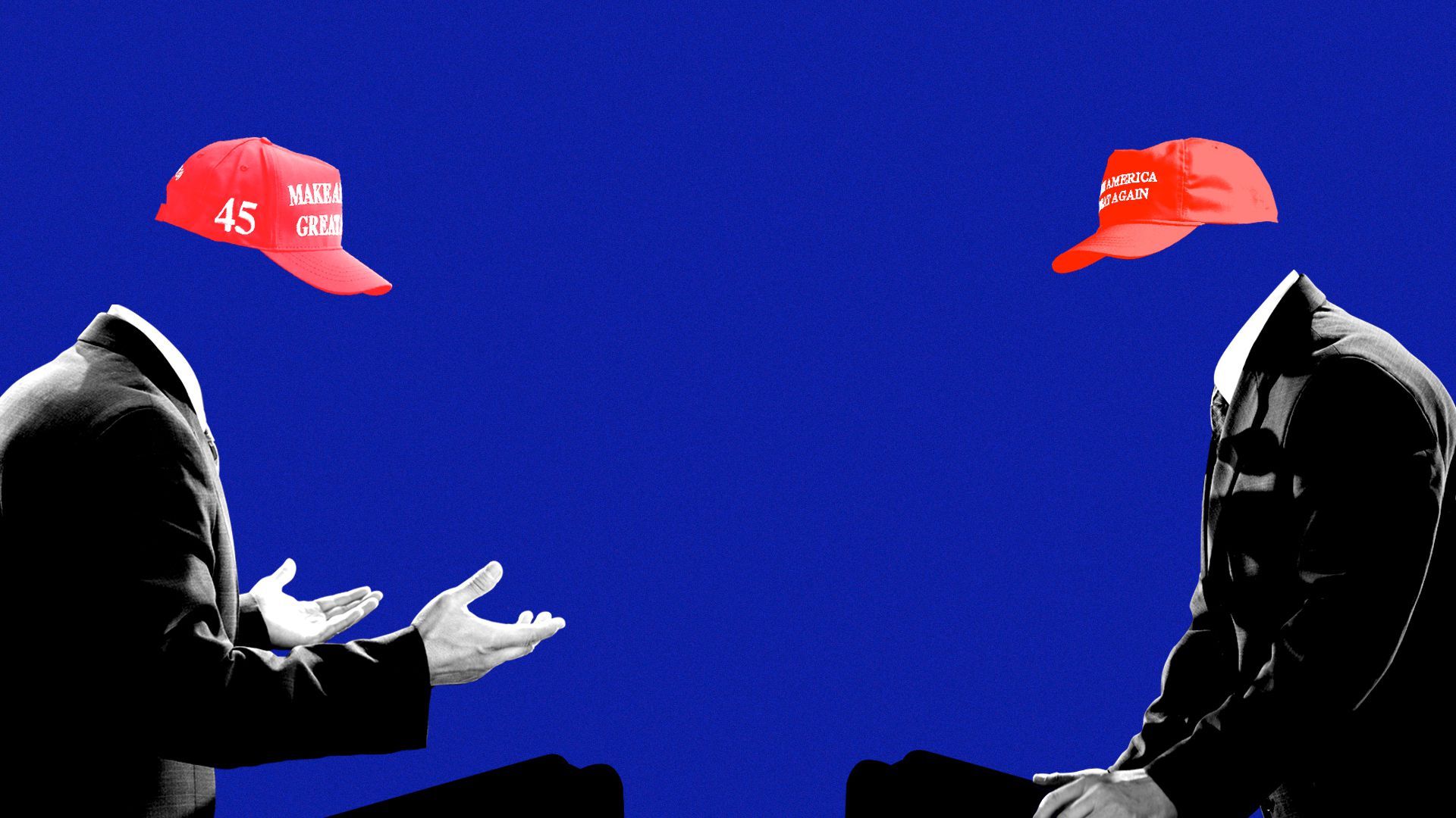 Photo illustration of two headless political candidates wearing MAGA hats and debating.