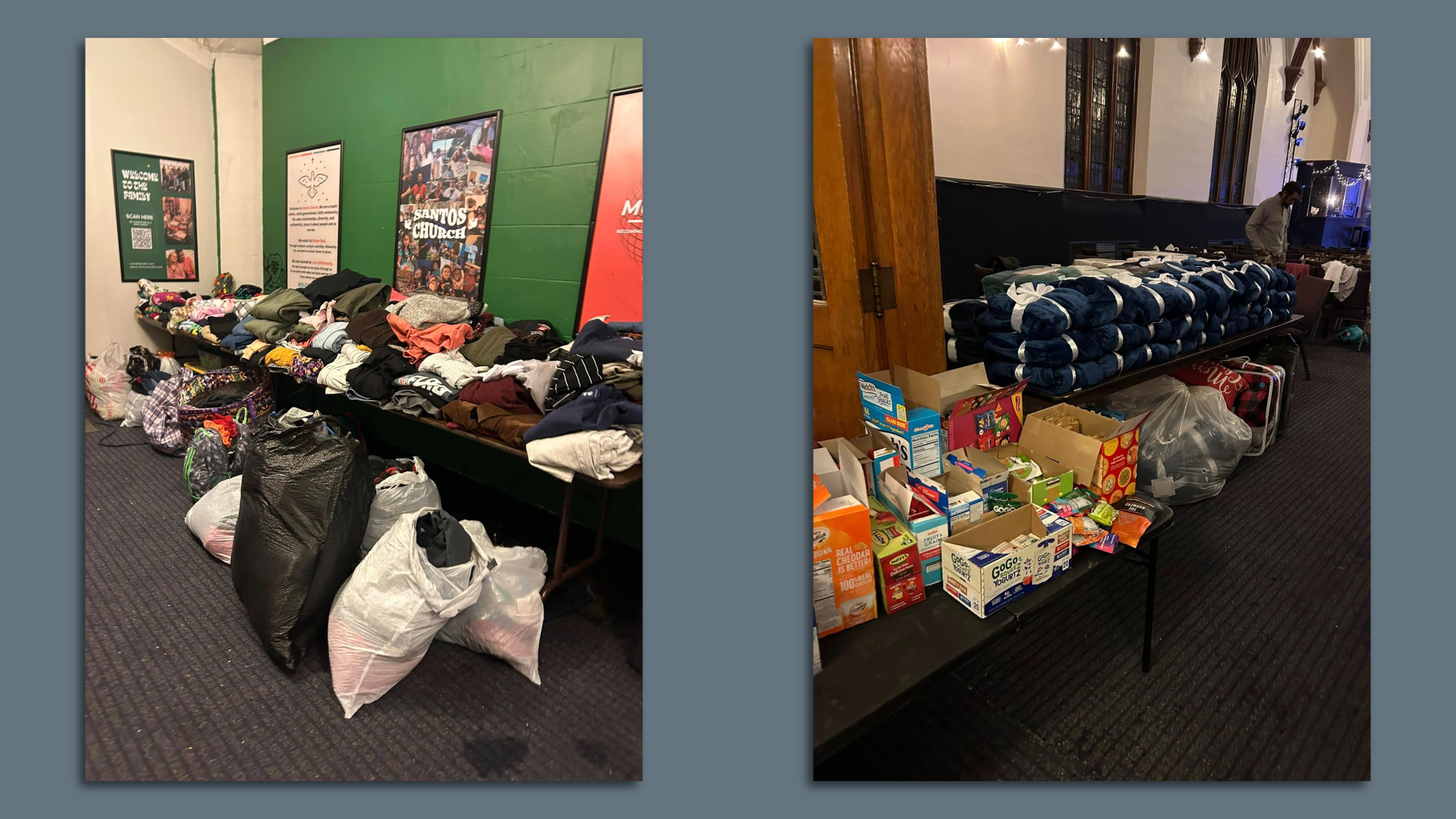 Donations are shown stockpiled at the church. Clothes, blankets and some food