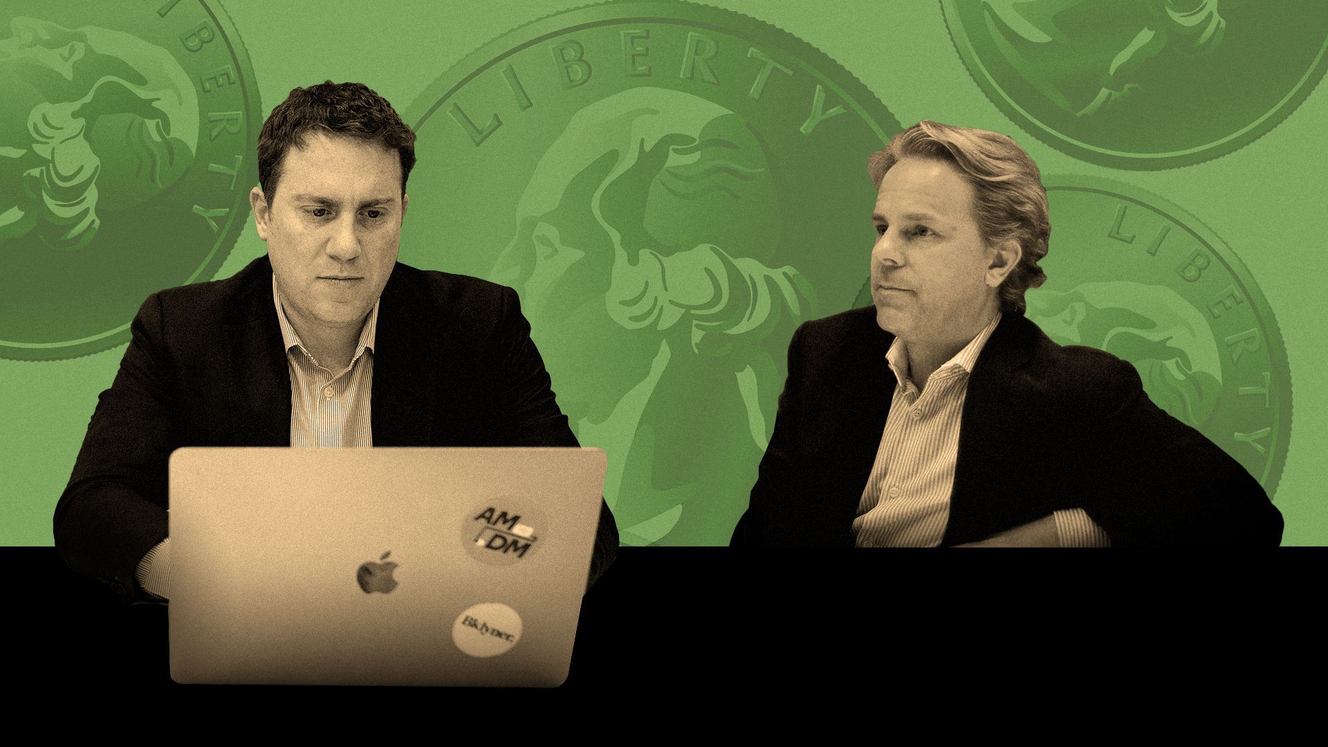 Photo illustration of Ben Smith and Justin Smith sitting at a table with a laptop and with U.S. quarters falling in the background. 