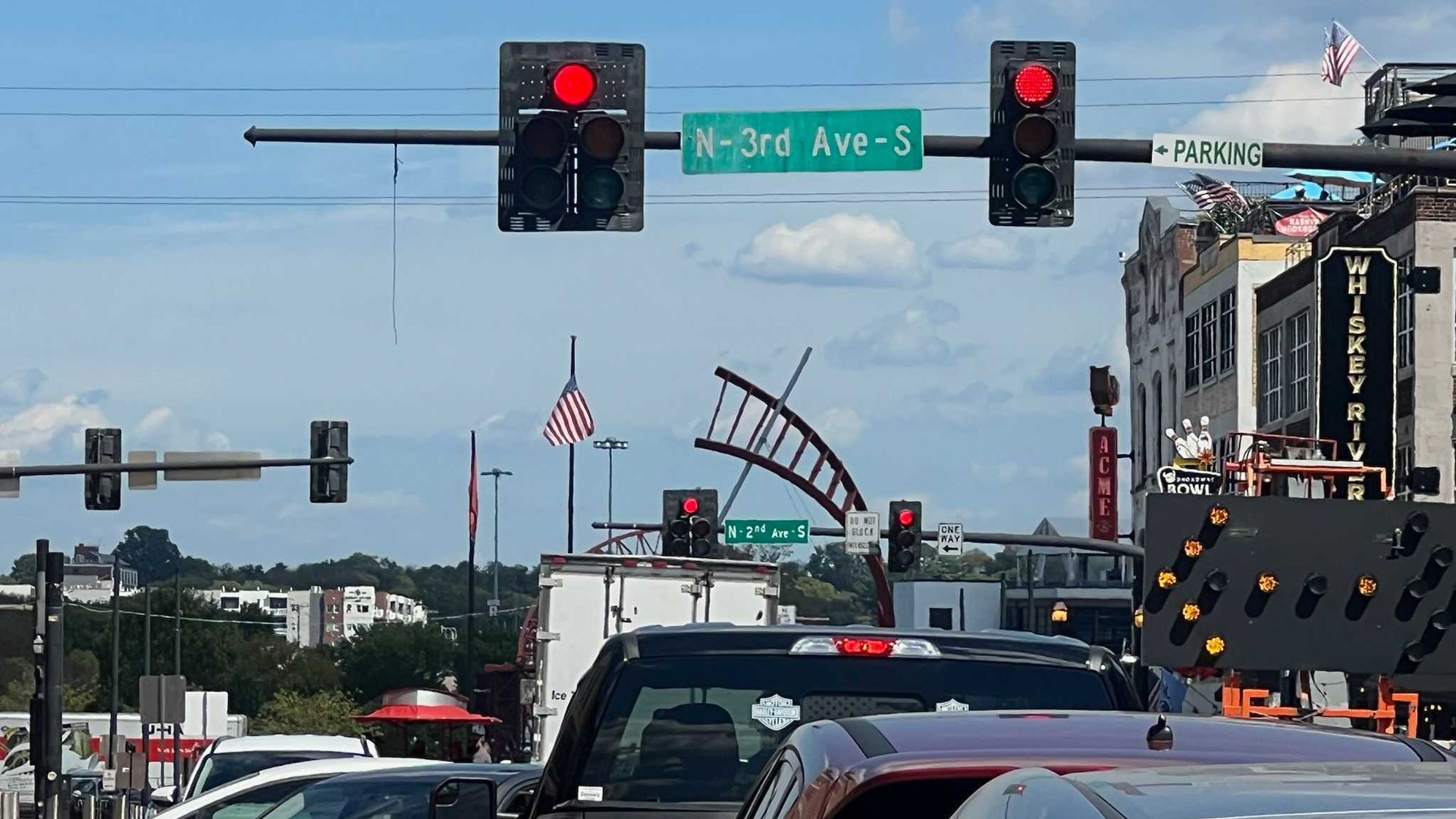 Traffic at a red light in downtown Nashville