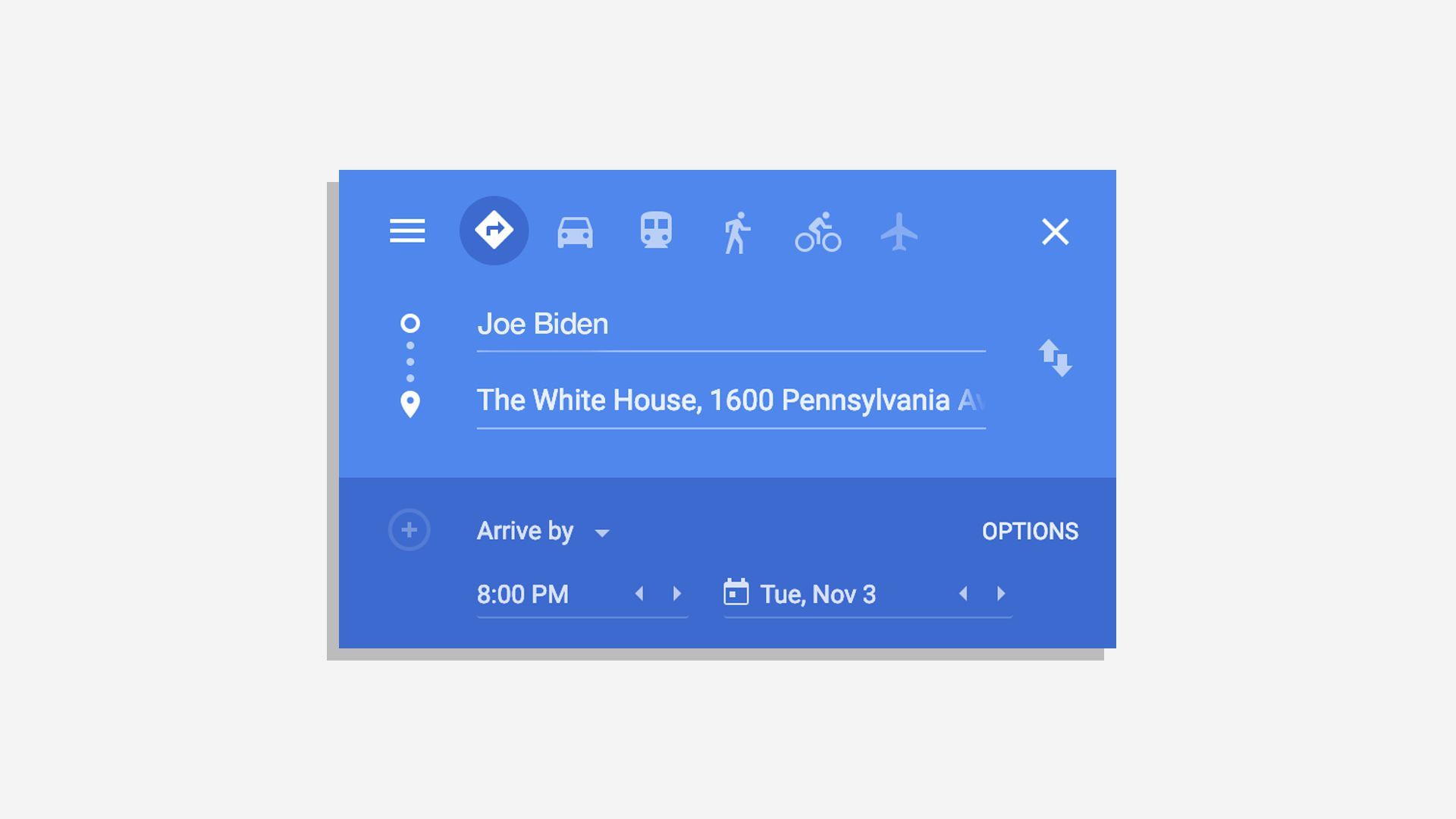 Google maps directions that says from Joe Biden to 1600 pennsylvania avenue
