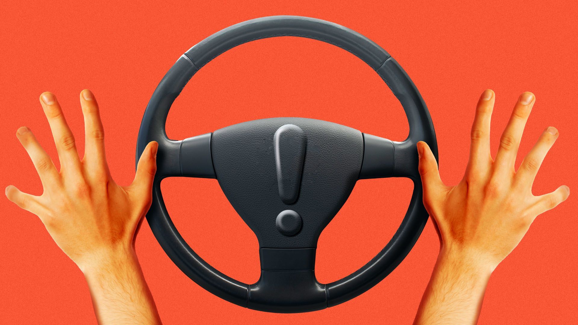 Illustration of a steering wheel with an exclamation point in the center with hands on either side
