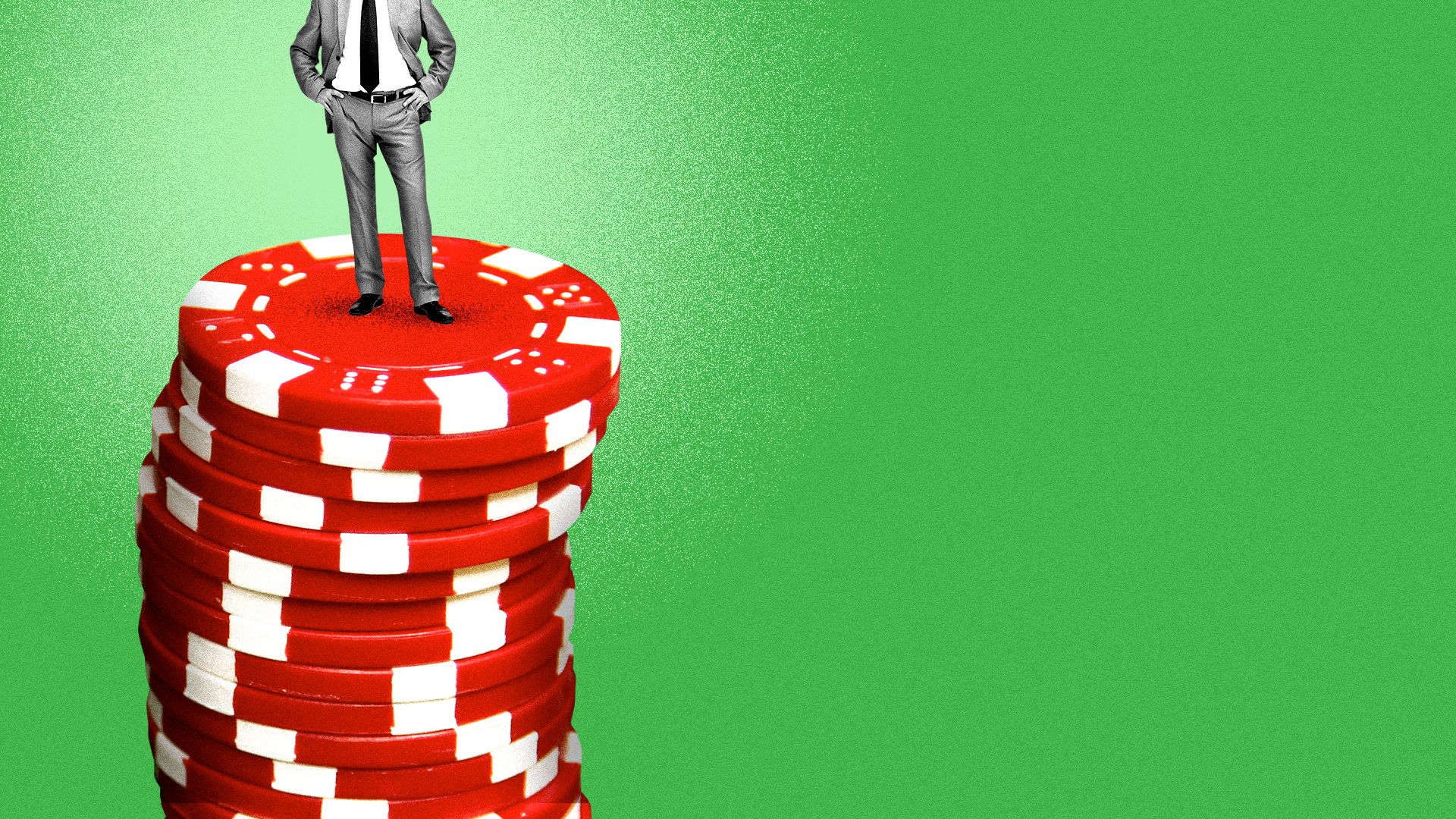 Illustration of a man standing resolutely on top of a stack of poker chips. 