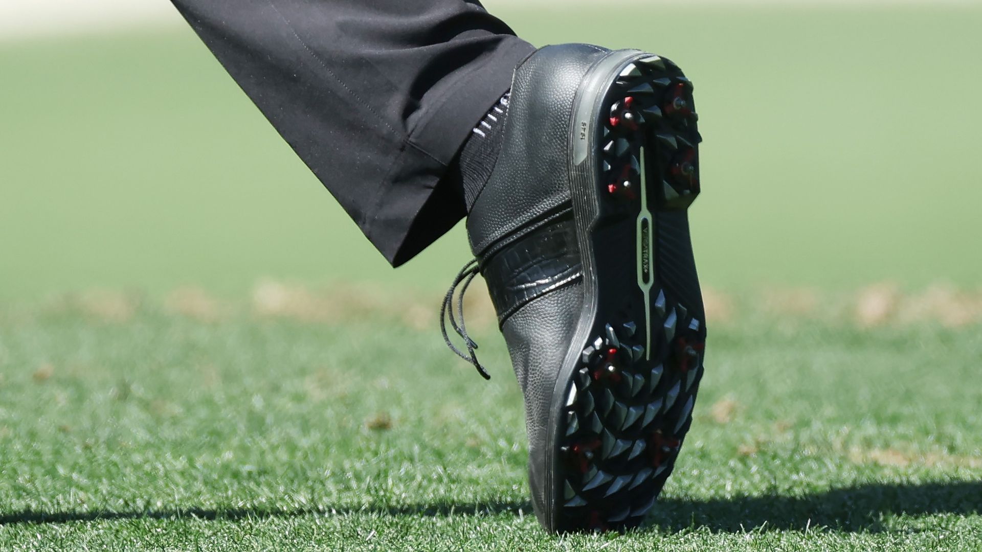 A foot in black golf shoes is pointed toward the ground