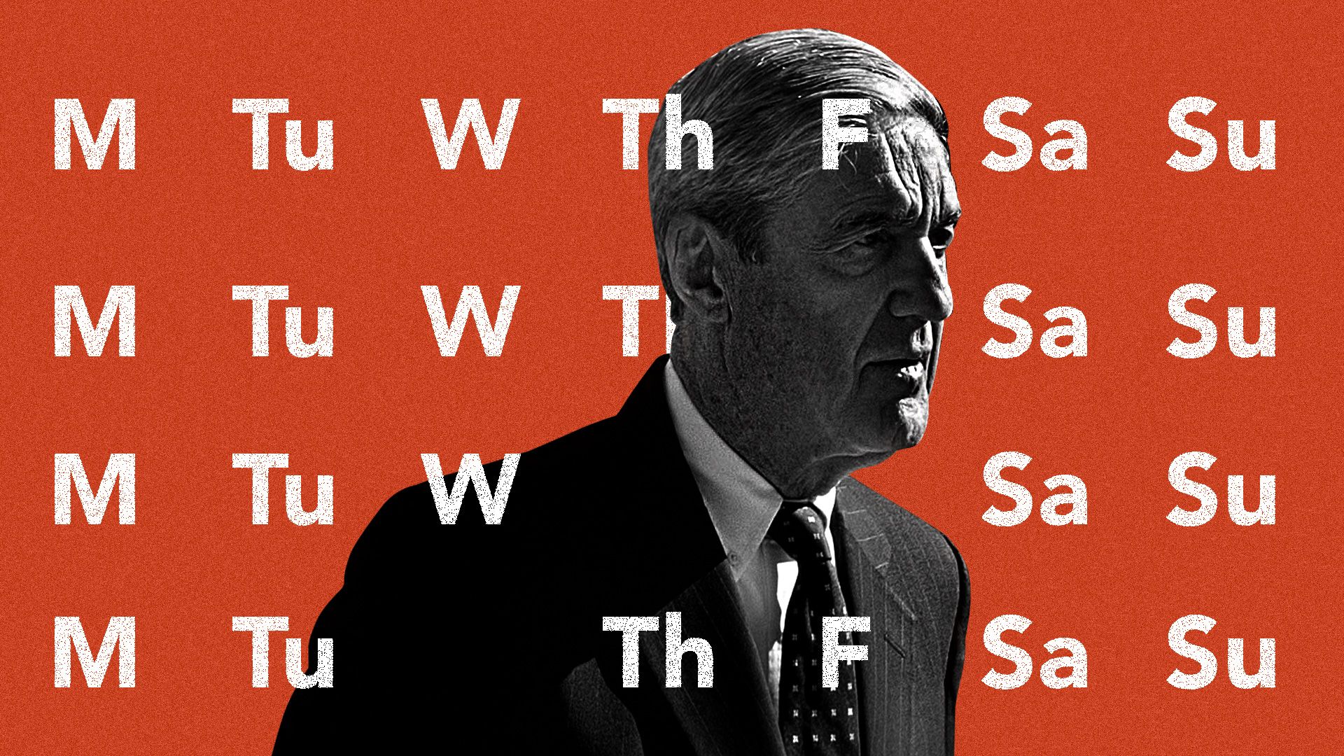 Robert Mueller standing in front of a stylized calendar
