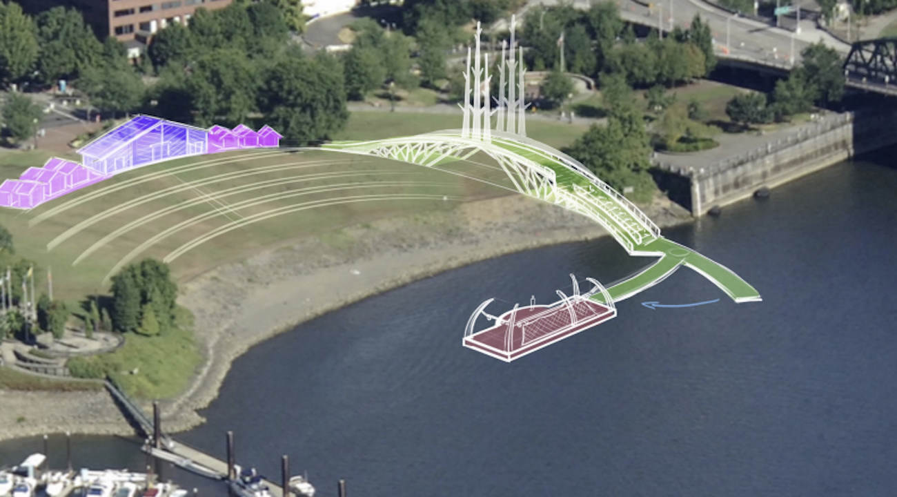 Aerial view of a riverfront park with a white curved arch bridge, green promenade, purple-pink buildings, tall white spire towers, a red boat-shaped pavilion on the water, and a marina in front.