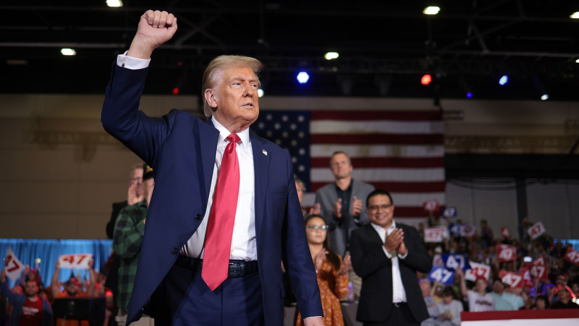 onald Trump, speaks during a town hall campaign event at the Lancaster County Convention Center on October 20, 2024 in Lancaster, Pennsylvania