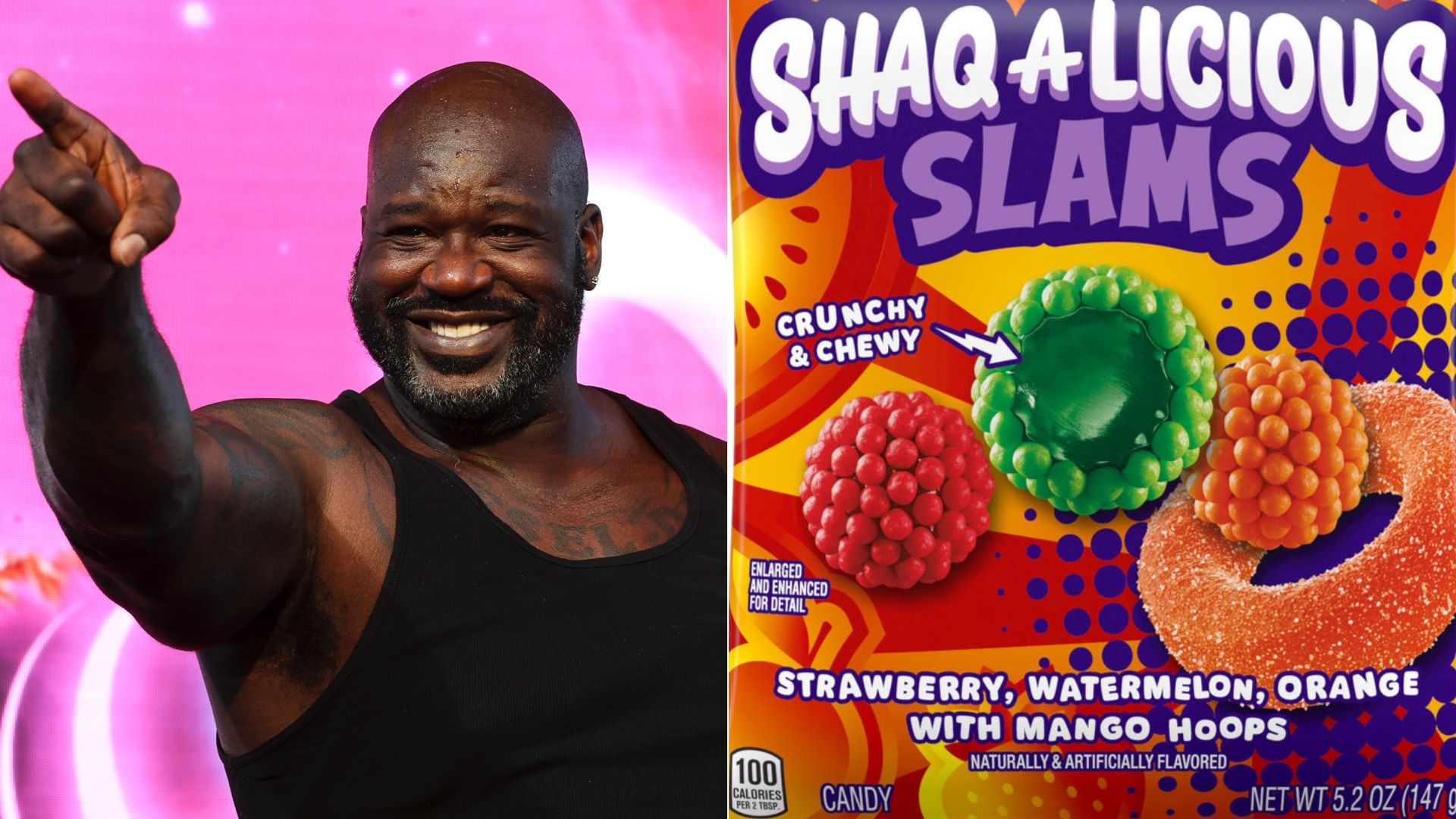 Left to right: Shaquille O'Neal performing before a College Football Playoff game game; a bag of his new Shaq-A-Licious Slams gummies.