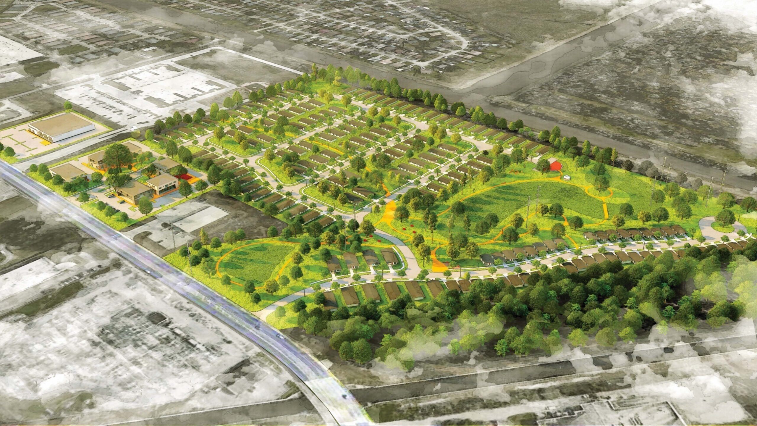 Image is a rendering of a planned development in Terrytown