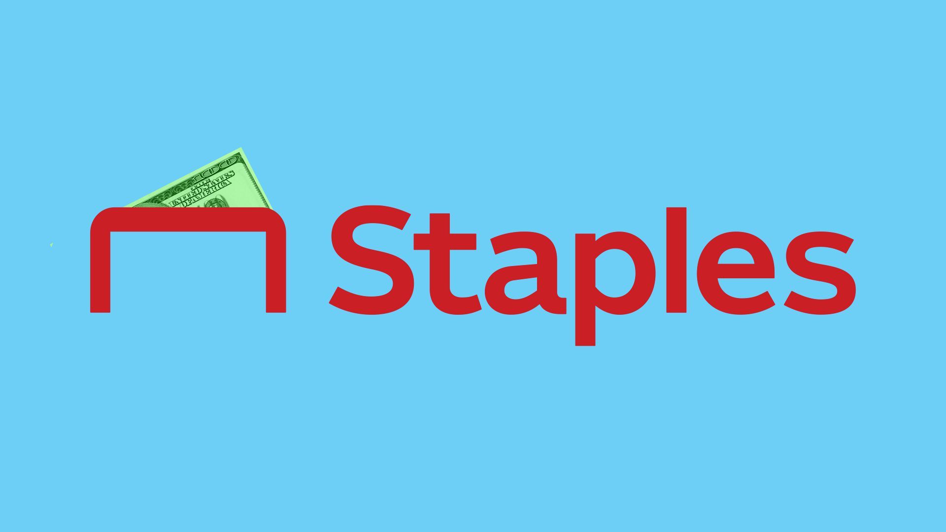 Illustration of the Staples logo with a hundred dollar bill peeking out from the top of the staple as if it's a pocket.
