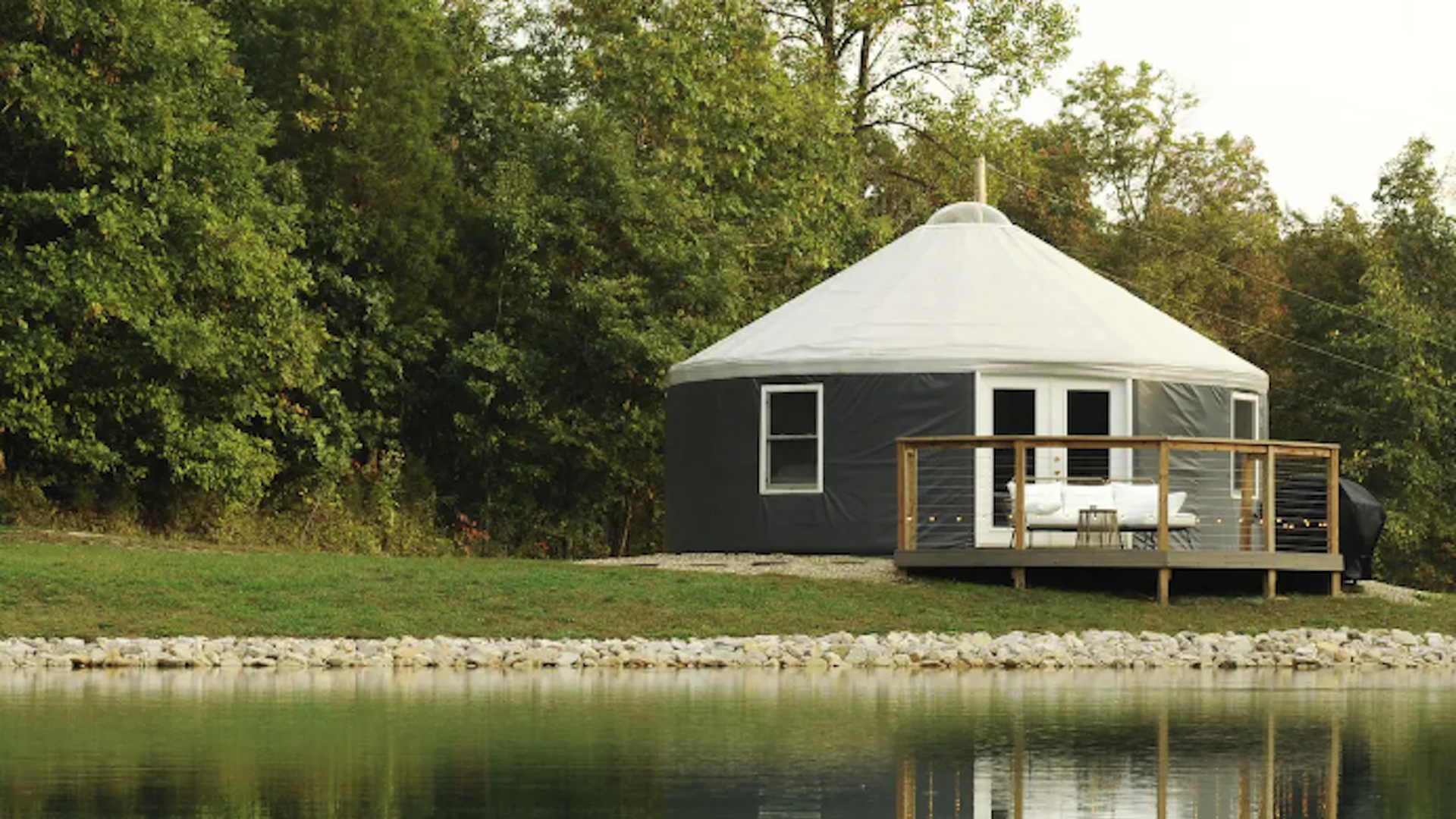 A yurt sits on a lakefront in French Lick, Indiana.