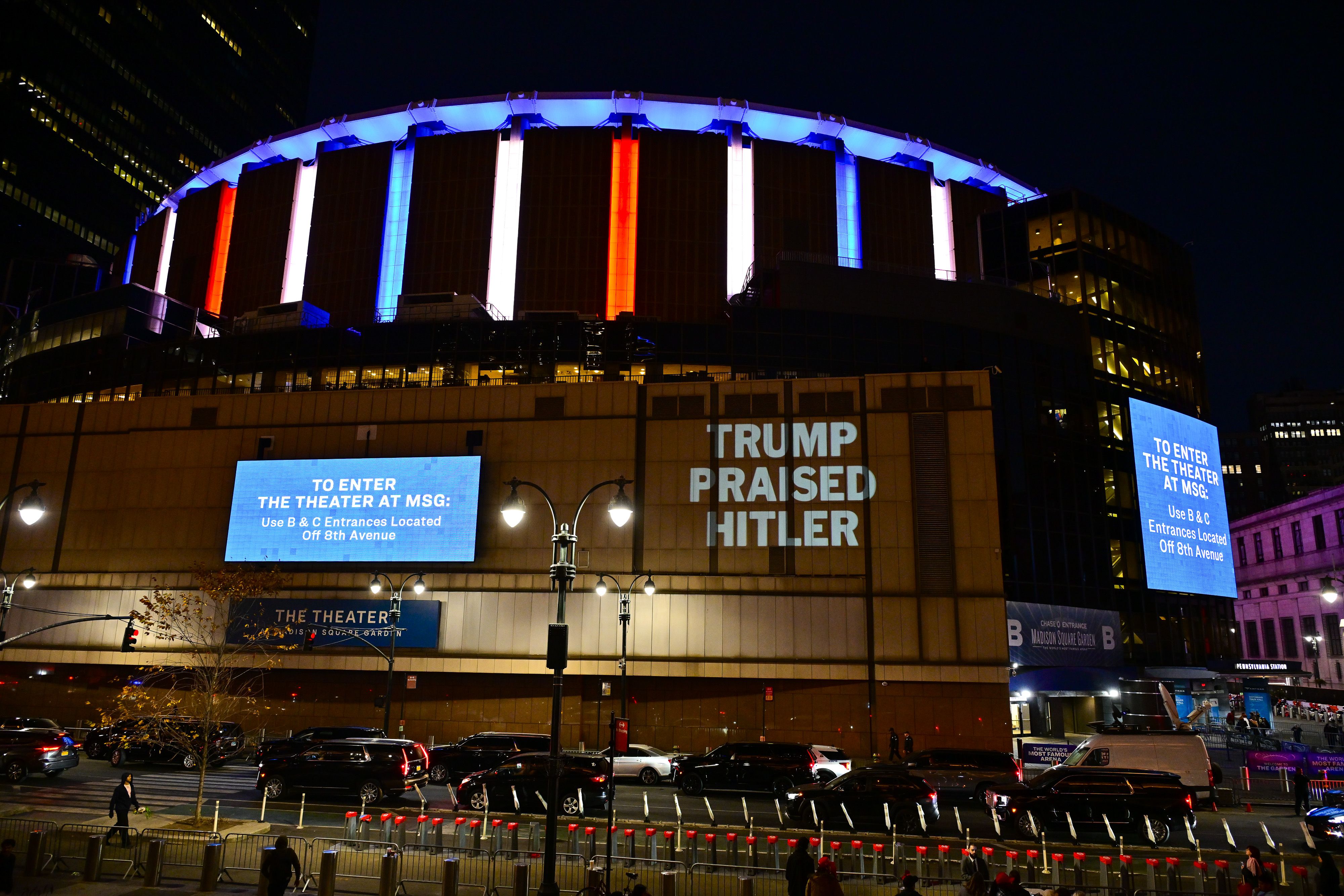 The DNC projects a message reading "Trump Praised Hitler" onto Madison Square Garden during his campaign rally on October 27, 2024 in New York City. 