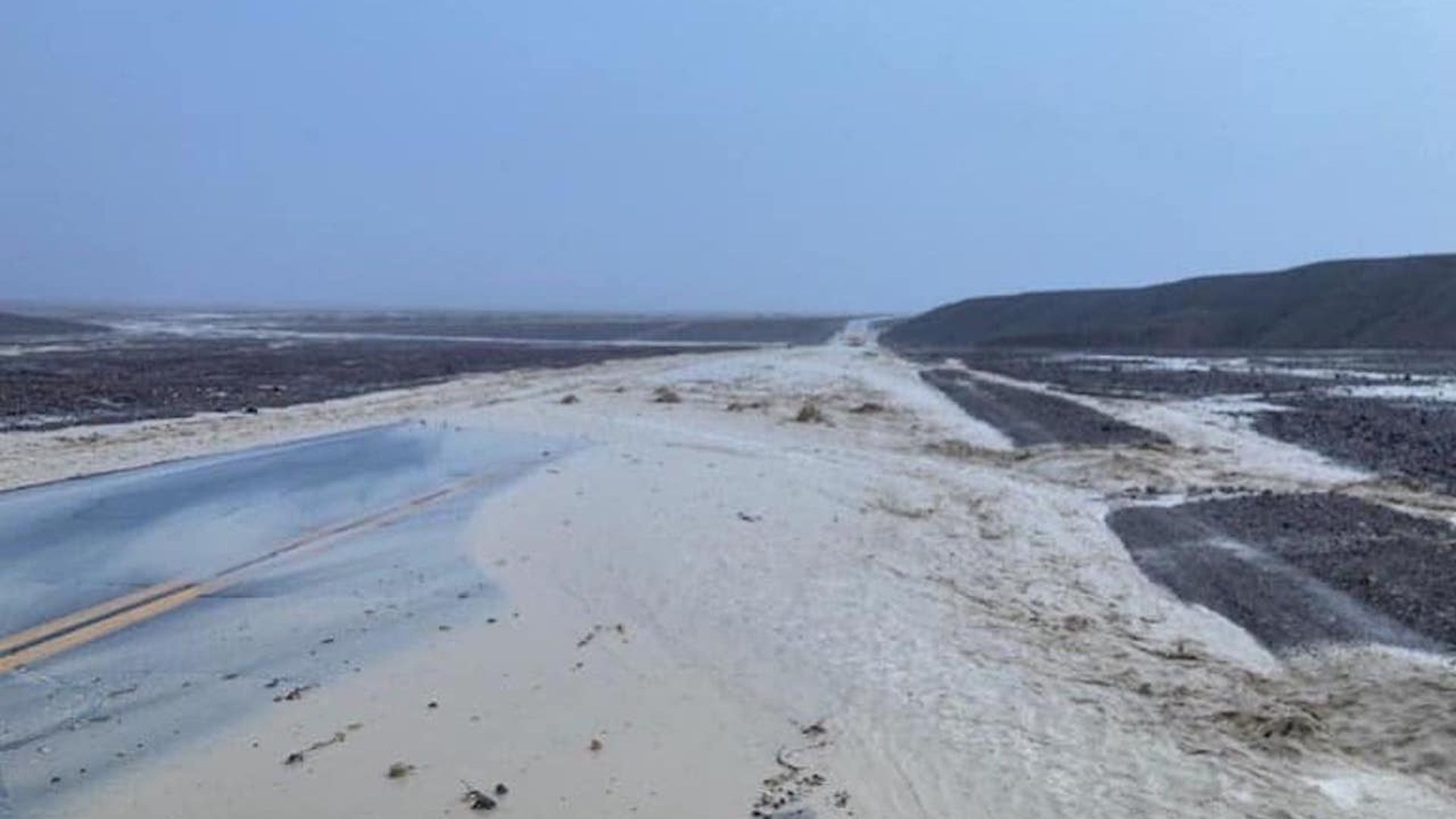A flooded road at Death Valley National Park.